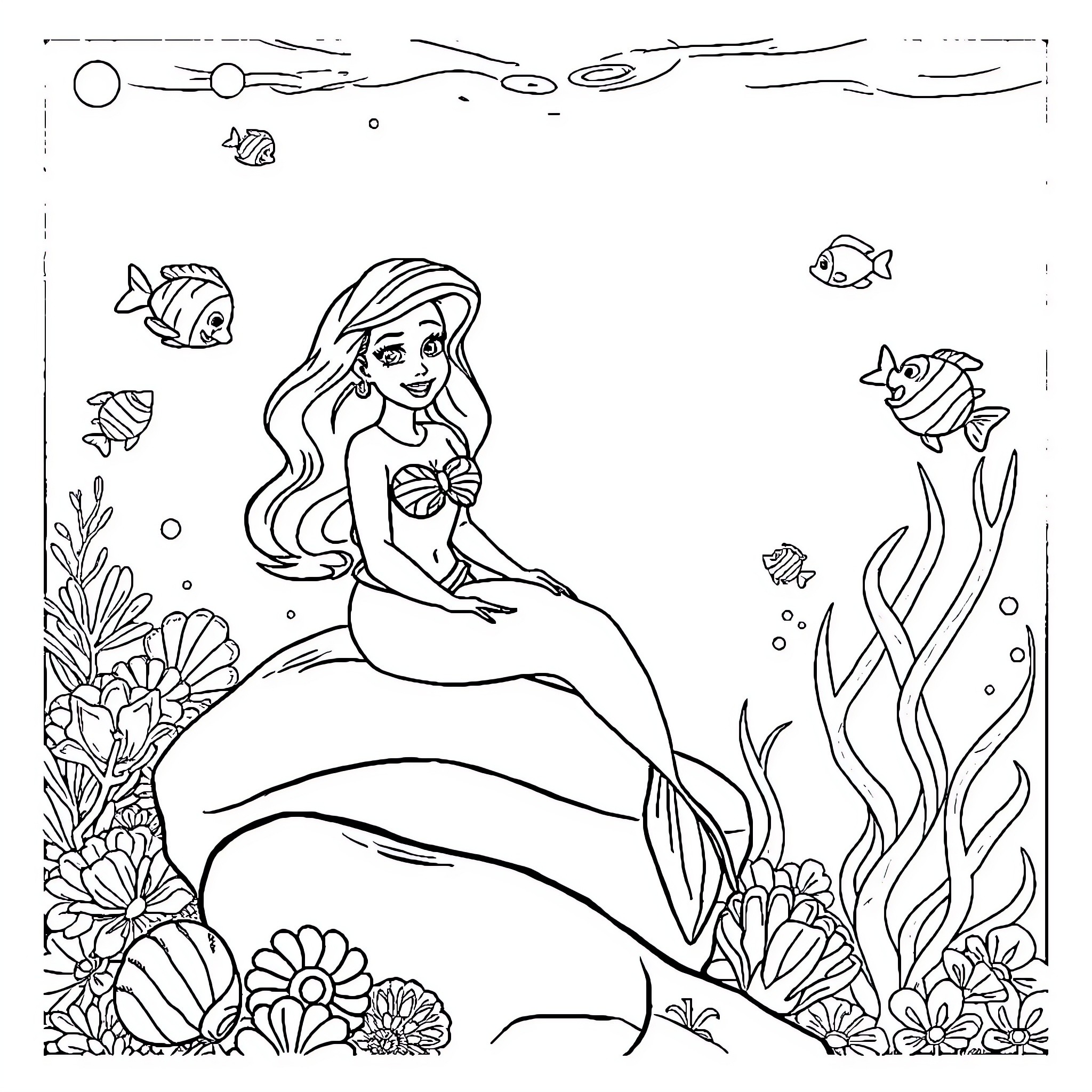 Ariel exploring the underwater world Coloring Page (free black-and-white line drawing printable PDF for all, from beginners to advanced learners, including children, teens, adults, and seniors)