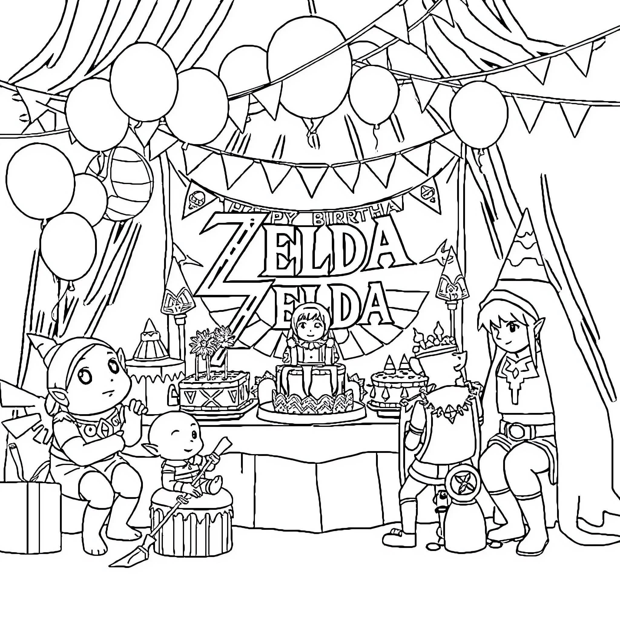 Legend of Zelda: Birthday Party Celebration Coloring Page (free black-and-white line drawing printable PDF for all, from beginners to advanced learners, including children, teens, adults, and seniors)