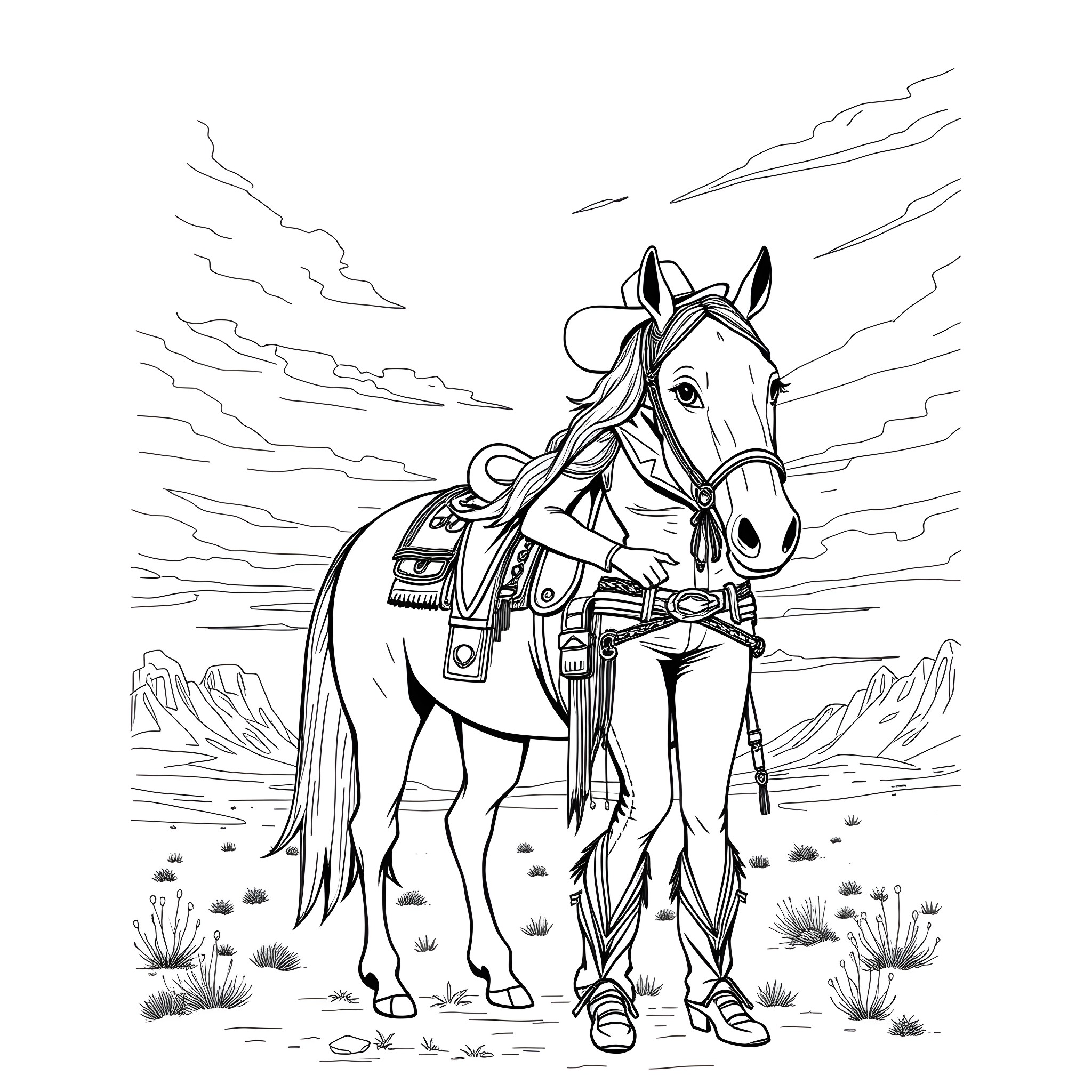 Cowgirl riding horse in desert landscape Coloring Page (free black-and-white line drawing printable PDF for all, from beginners to advanced learners, including children, teens, adults, and seniors)