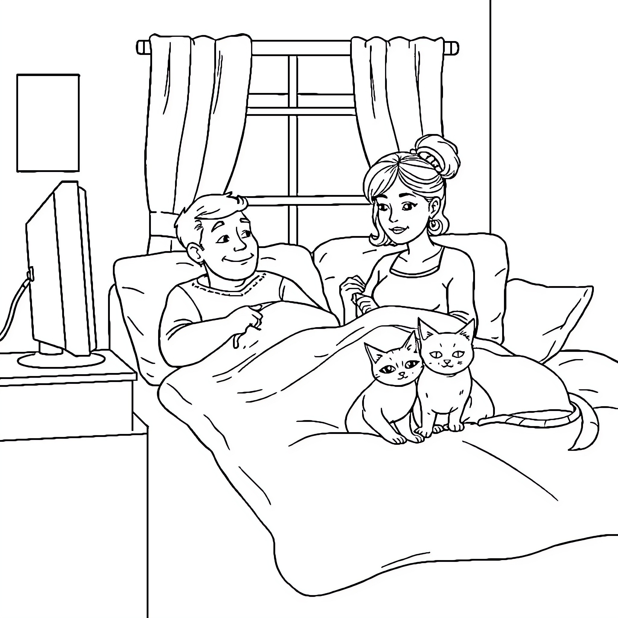 Cats Relaxing with Family on Cozy Bed Coloring Page (free black-and-white line drawing printable PDF for all, from beginners to advanced learners, including children, teens, adults, and seniors)