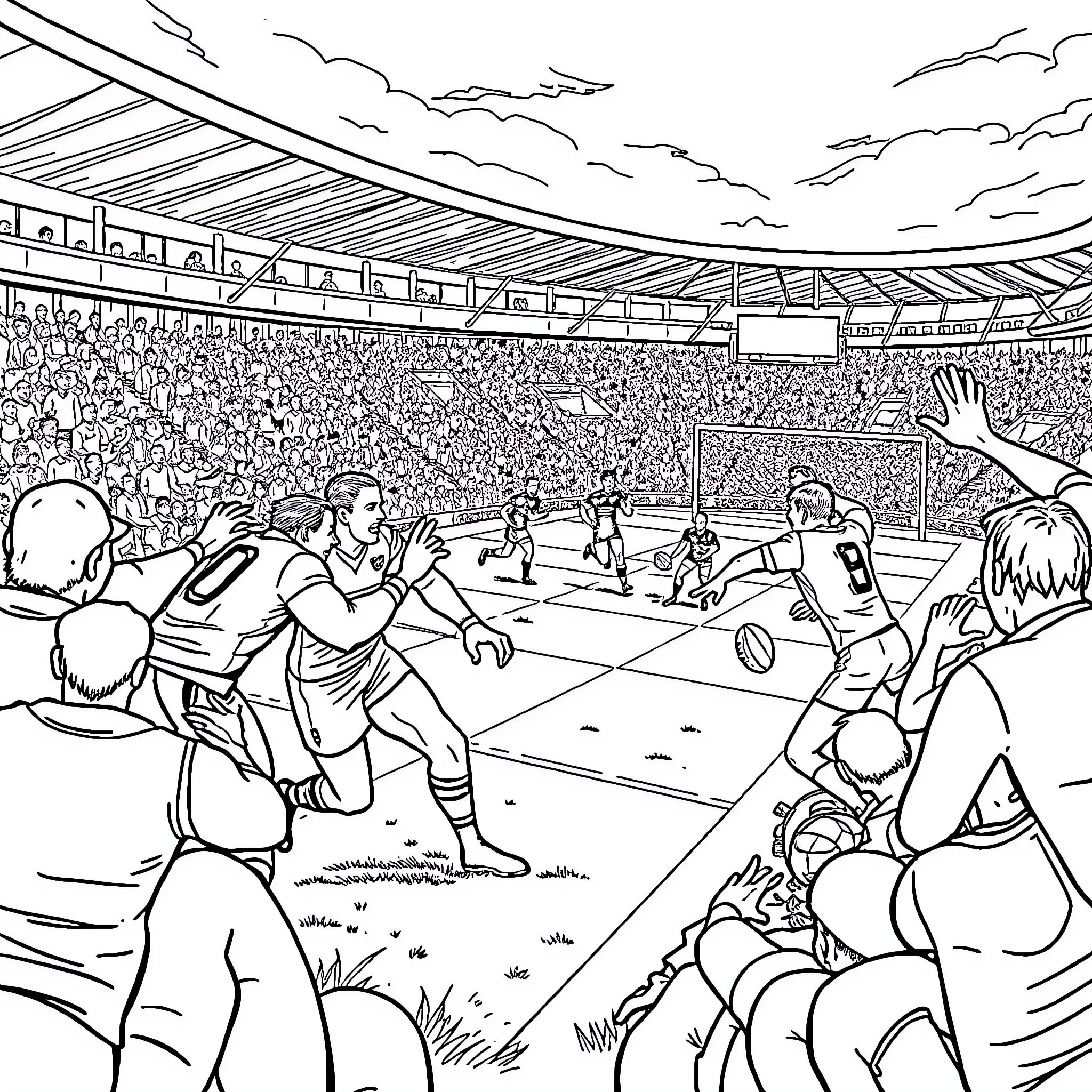 Football players in action on the stadium field Coloring Page (free black-and-white line drawing printable PDF for all, from beginners to advanced learners, including children, teens, adults, and seniors)