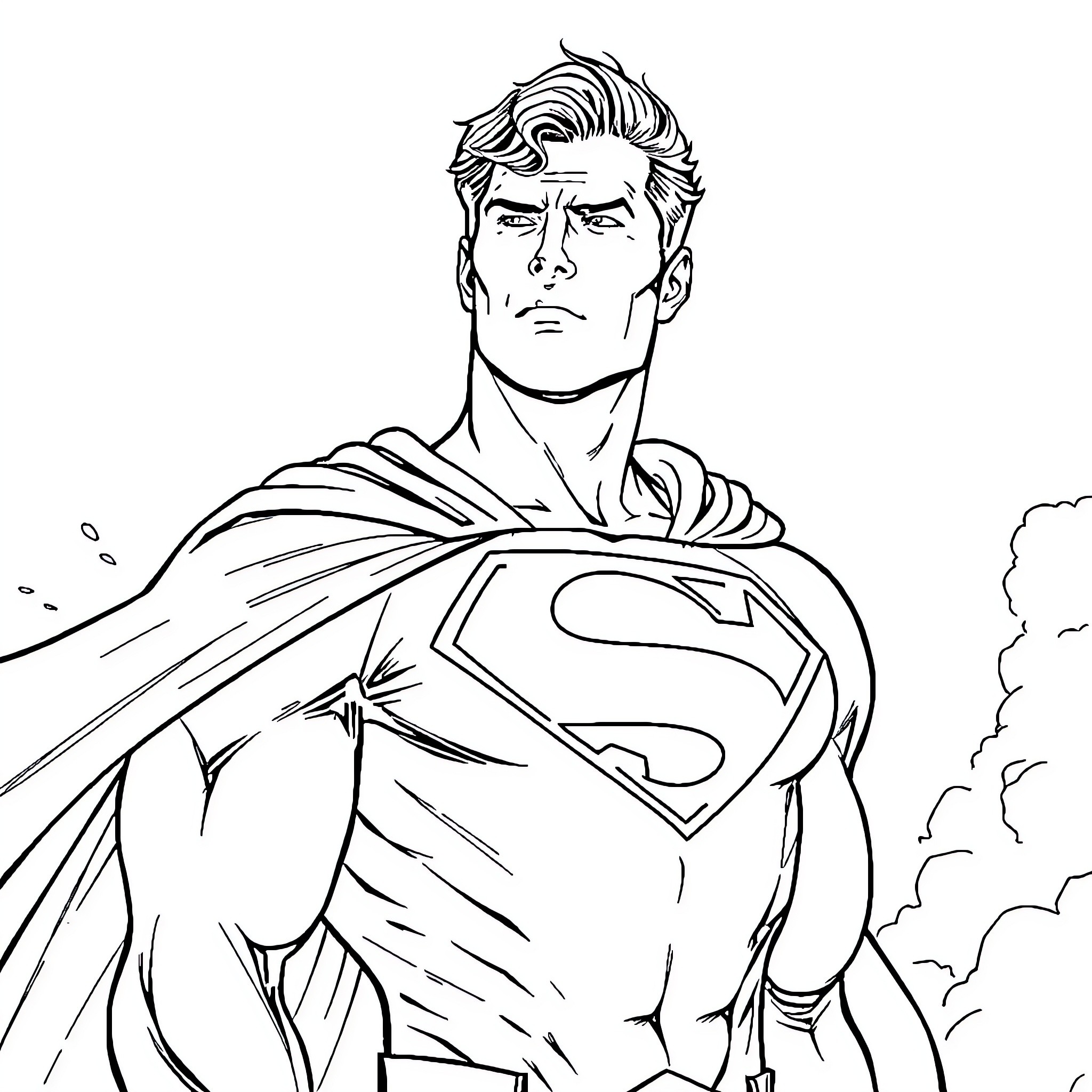 Superman standing heroically in action pose Coloring Page (free black-and-white line drawing printable PDF for all, from beginners to advanced learners, including children, teens, adults, and seniors)