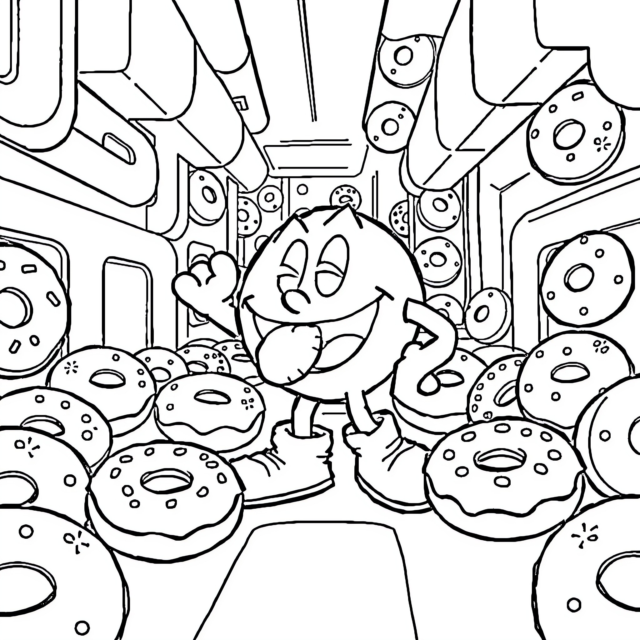 Pac-Man surrounded by delicious donuts Coloring Page (free black-and-white line drawing printable PDF for all, from beginners to advanced learners, including children, teens, adults, and seniors)