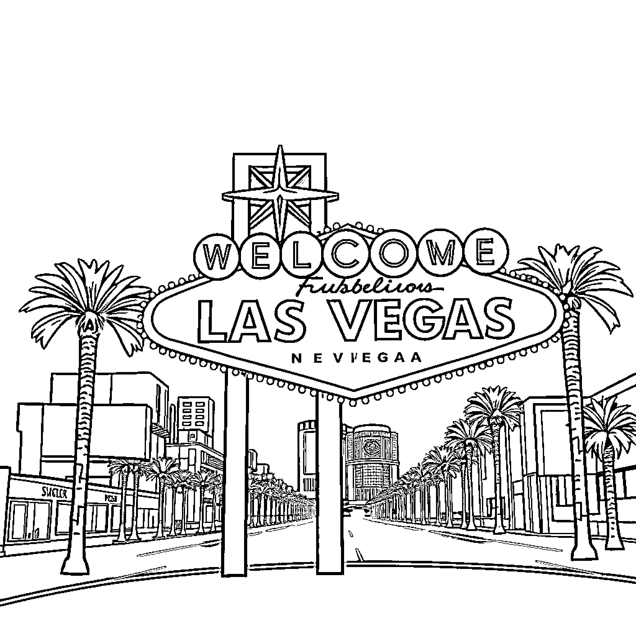Welcome to Las Vegas Sign with Lively Street Scene Coloring Page (free black-and-white line drawing printable PDF for all, from beginners to advanced learners, including children, teens, adults, and seniors)