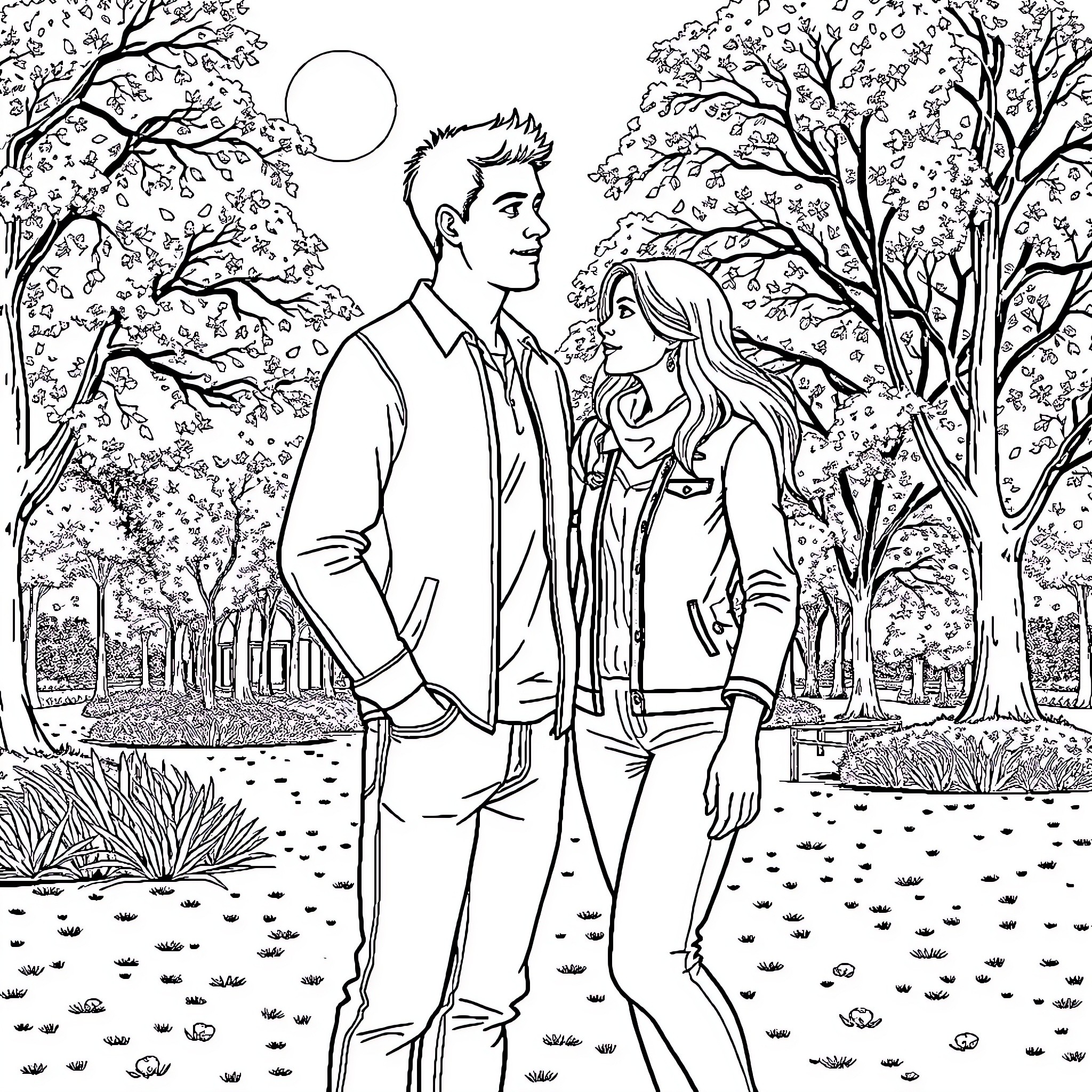 Man and woman walking together in a park Coloring Page (free black-and-white line drawing printable PDF for all, from beginners to advanced learners, including children, teens, adults, and seniors)