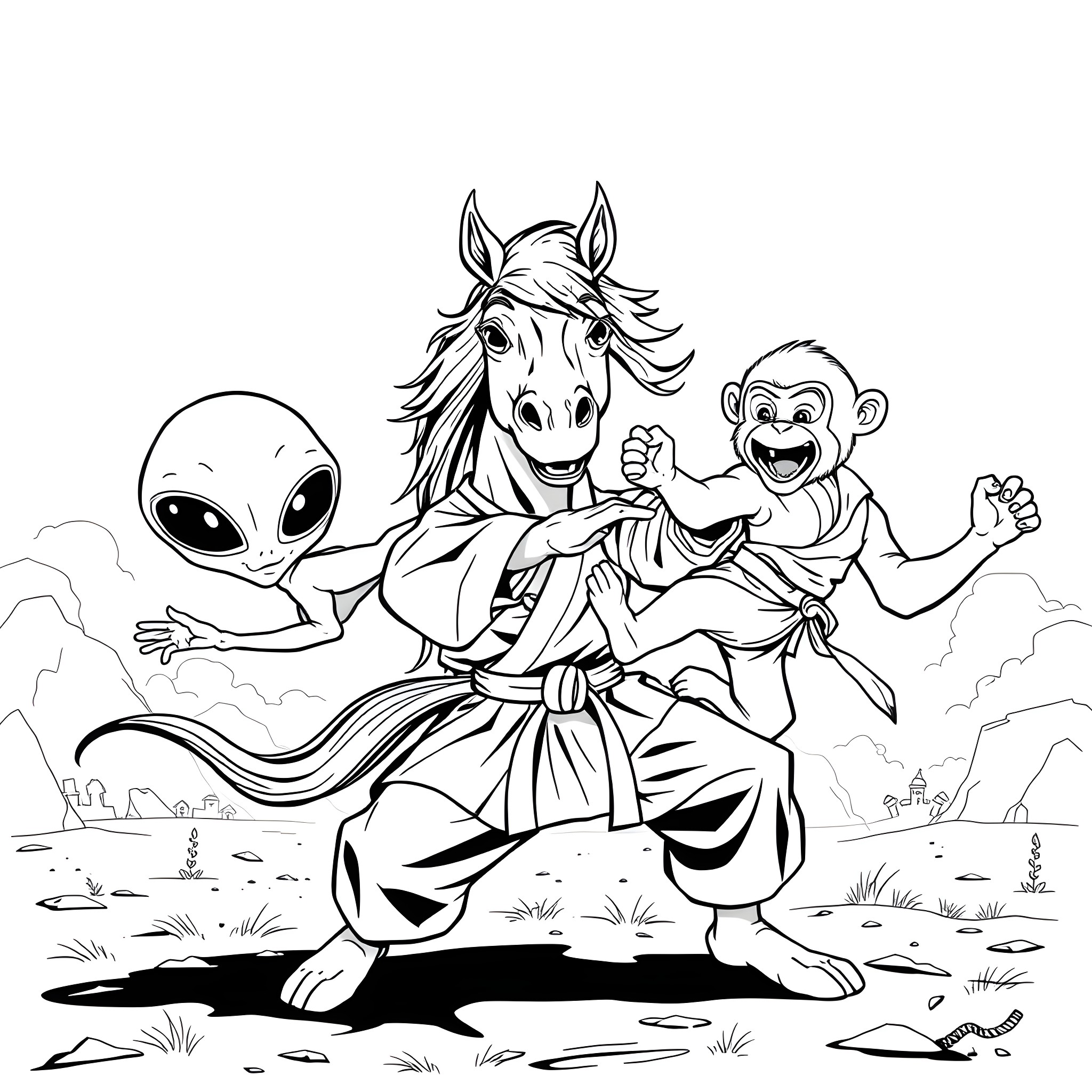 Alien Monkey and Horse Engage in Playful Adventure Coloring Page (free black-and-white line drawing printable PDF for all, from beginners to advanced learners, including children, teens, adults, and seniors)