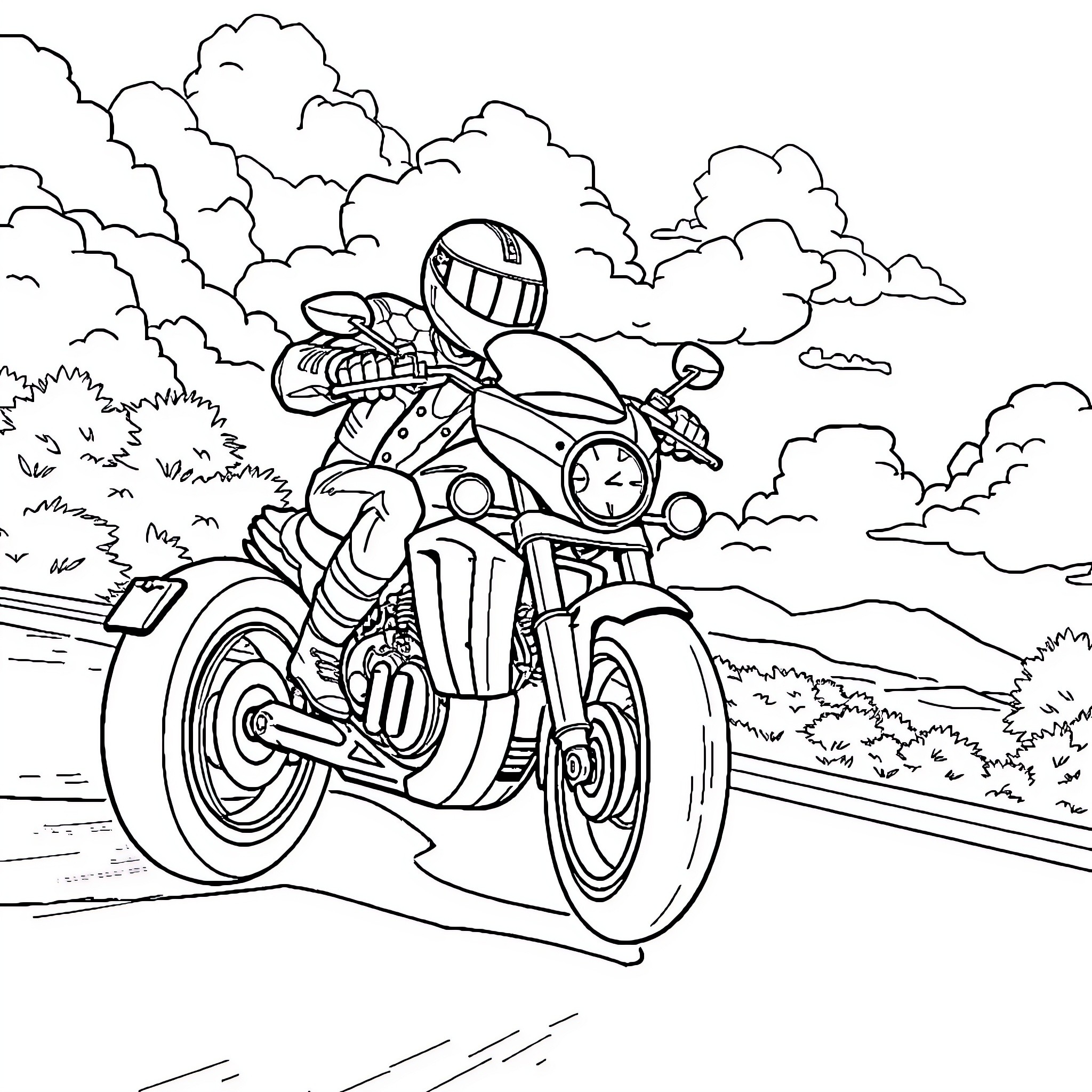 Motoraton speeding through scenic countryside Coloring Page (free black-and-white line drawing printable PDF for all, from beginners to advanced learners, including children, teens, adults, and seniors)
