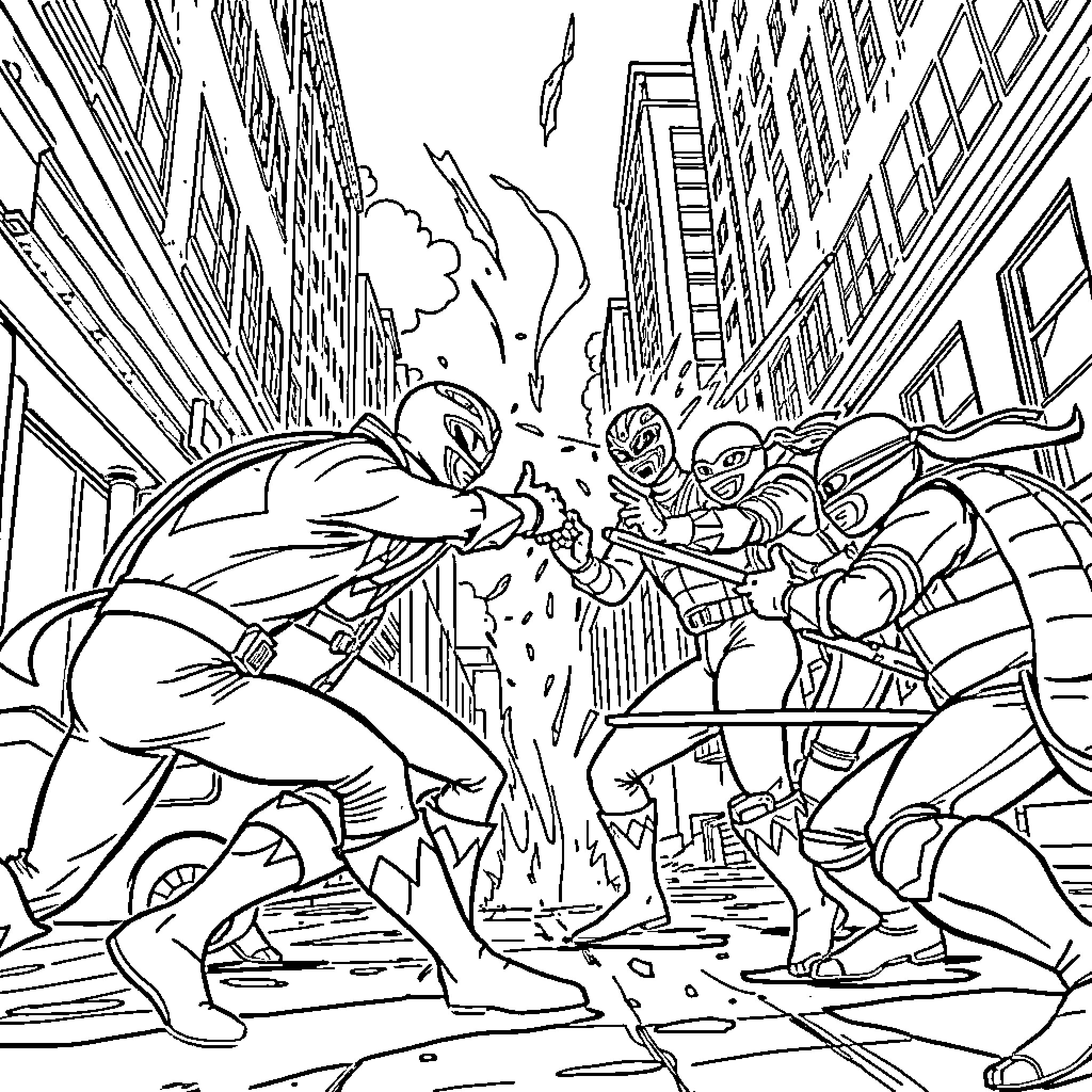 Power Rangers Battling Villains in Urban Setting Coloring Page (free black-and-white line drawing printable PDF for all, from beginners to advanced learners, including children, teens, adults, and seniors)