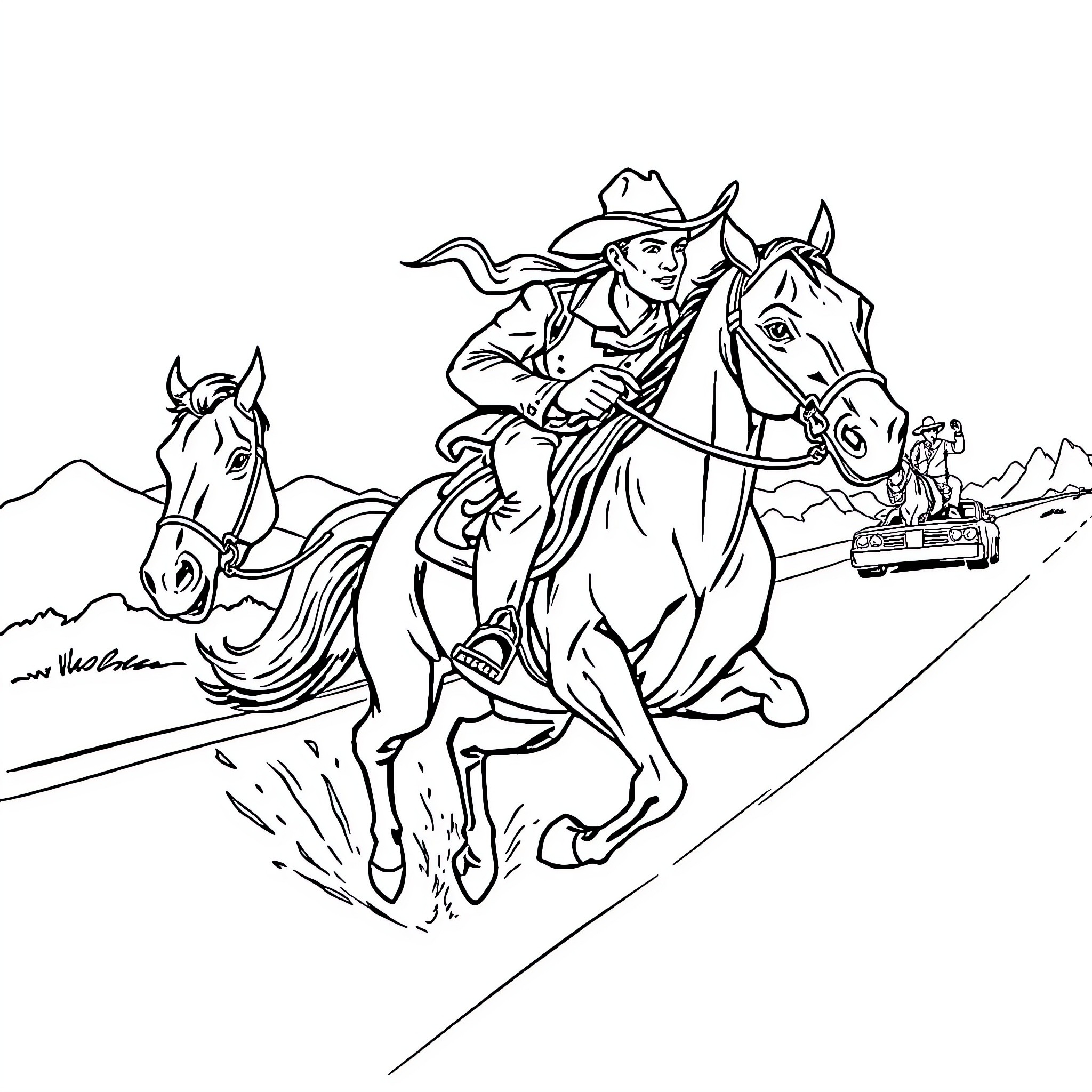 Cowboy riding horse on the trail Coloring Page (free black-and-white line drawing printable PDF for all, from beginners to advanced learners, including children, teens, adults, and seniors)