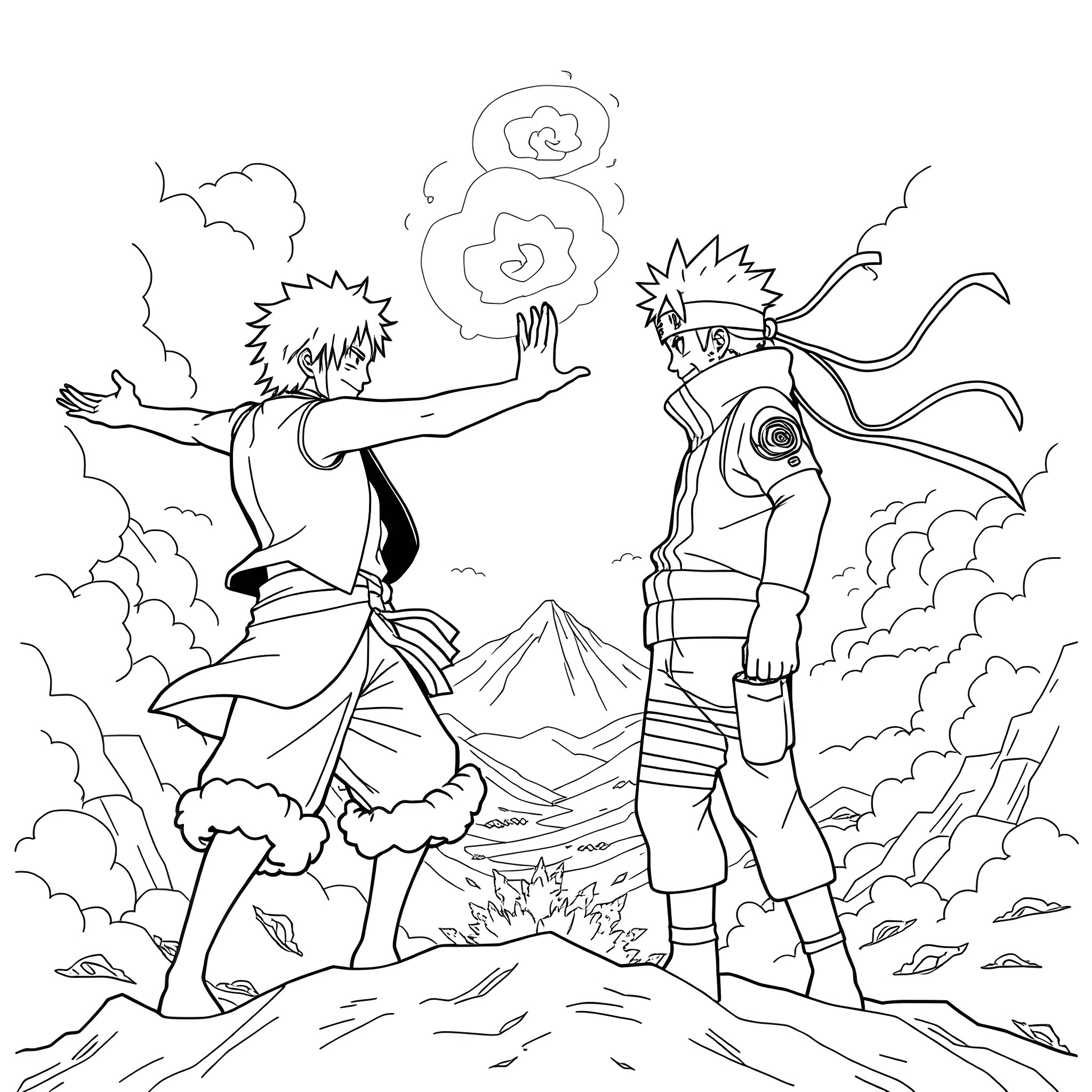 Luffy and Naruto Unleashing Their Anime Powers Coloring Page (free black-and-white line drawing printable PDF for all, from beginners to advanced learners, including children, teens, adults, and seniors)