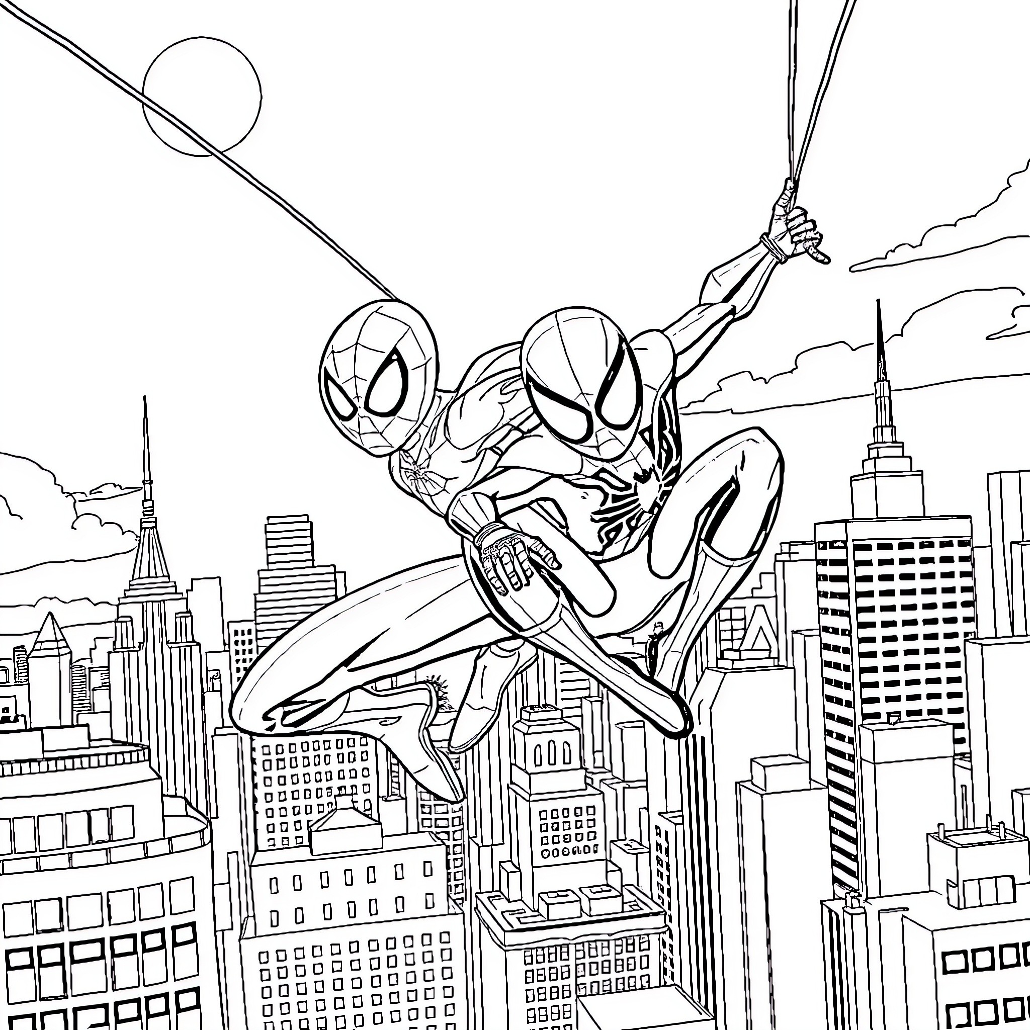 Ghost Spider swinging through the city skyline Coloring Page (free black-and-white line drawing printable PDF for all, from beginners to advanced learners, including children, teens, adults, and seniors)