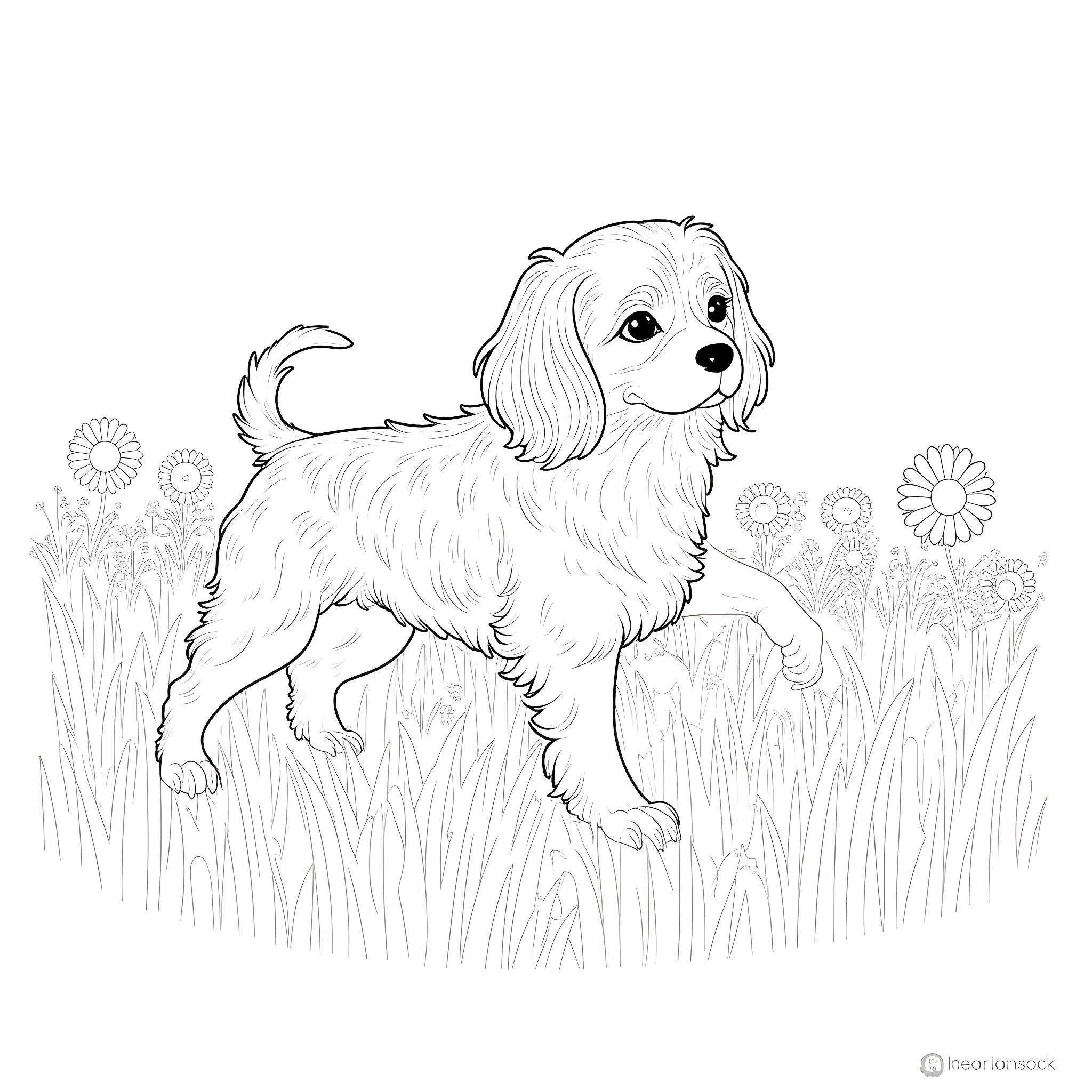 Cavalier King Charles Spaniel playing in the meadow Coloring Page (free black-and-white line drawing printable PDF for all, from beginners to advanced learners, including children, teens, adults, and seniors)