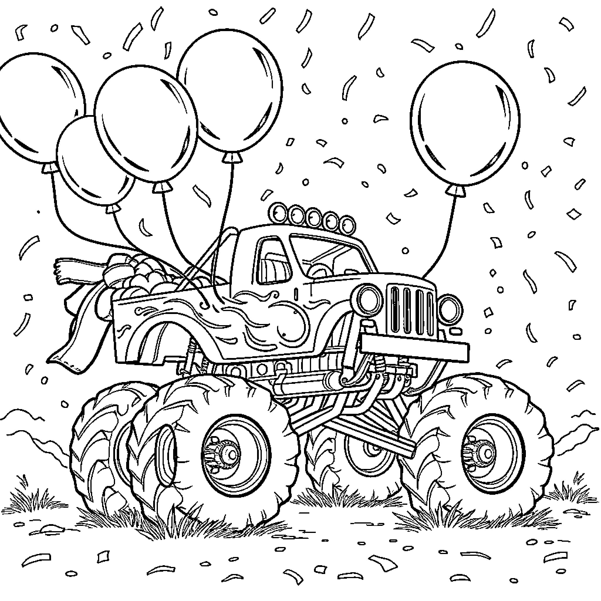 Monster Truck Celebrating with Colorful Balloons Coloring Page (free black-and-white line drawing printable PDF for all, from beginners to advanced learners, including children, teens, adults, and seniors)