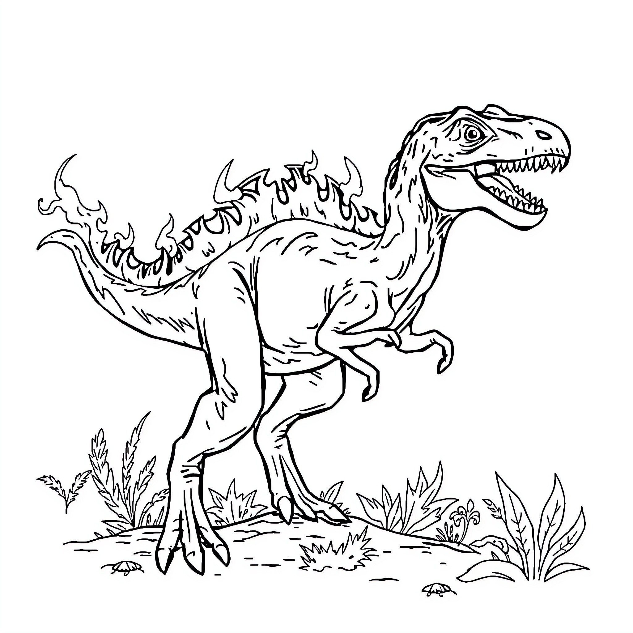 Velociraptor stalking through the prehistoric landscape Coloring Page (free black-and-white line drawing printable PDF for all, from beginners to advanced learners, including children, teens, adults, and seniors)