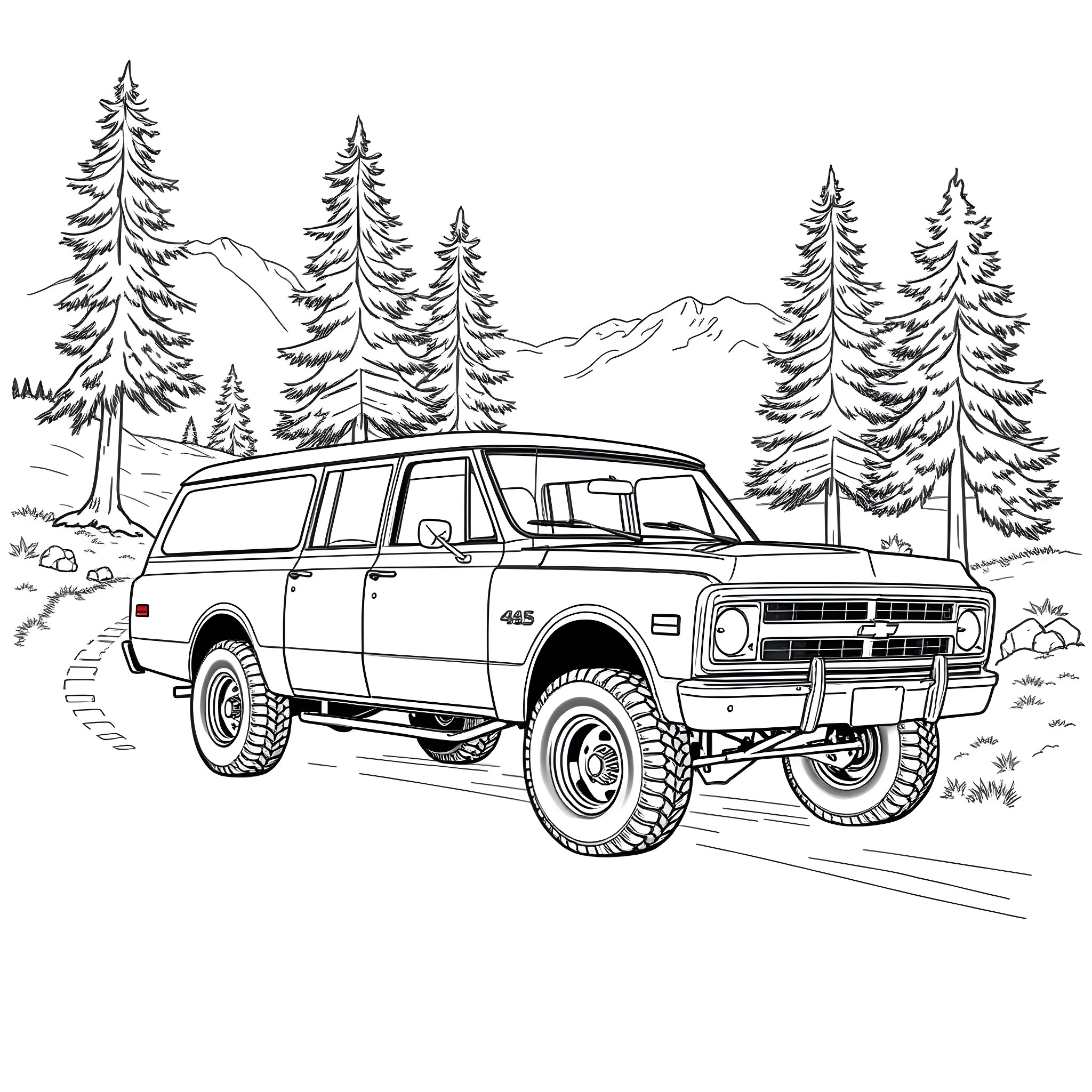Chevy off-road vehicle in the snowy mountain landscape Coloring Page (free black-and-white line drawing printable PDF for all, from beginners to advanced learners, including children, teens, adults, and seniors)
