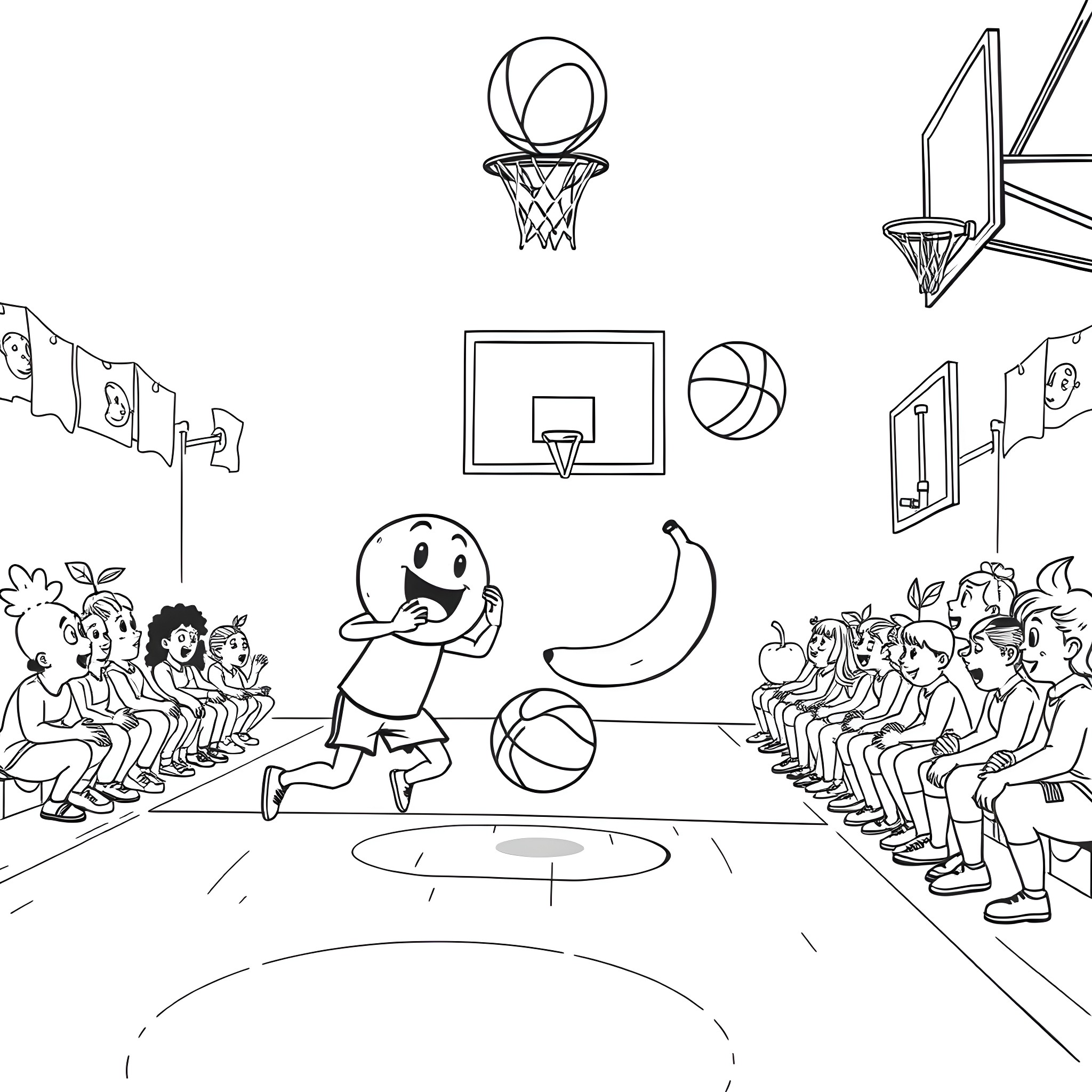 Fruit of Basketball Fun on the Court Coloring Page (free black-and-white line drawing printable PDF for all, from beginners to advanced learners, including children, teens, adults, and seniors)