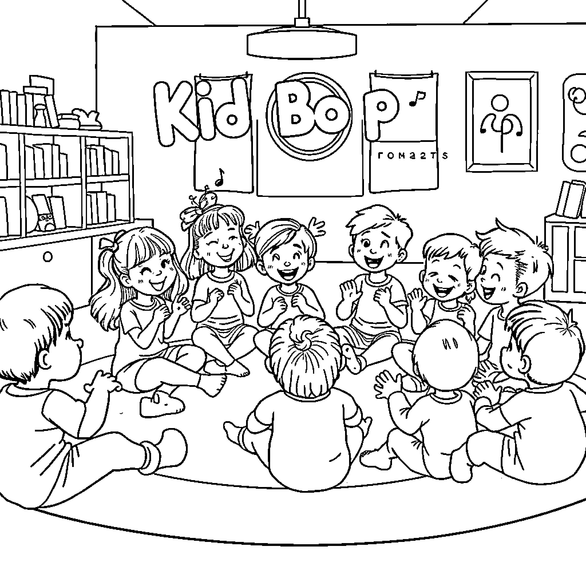 Kids gathered for a fun activity session Coloring Page (free black-and-white line drawing printable PDF for all, from beginners to advanced learners, including children, teens, adults, and seniors)