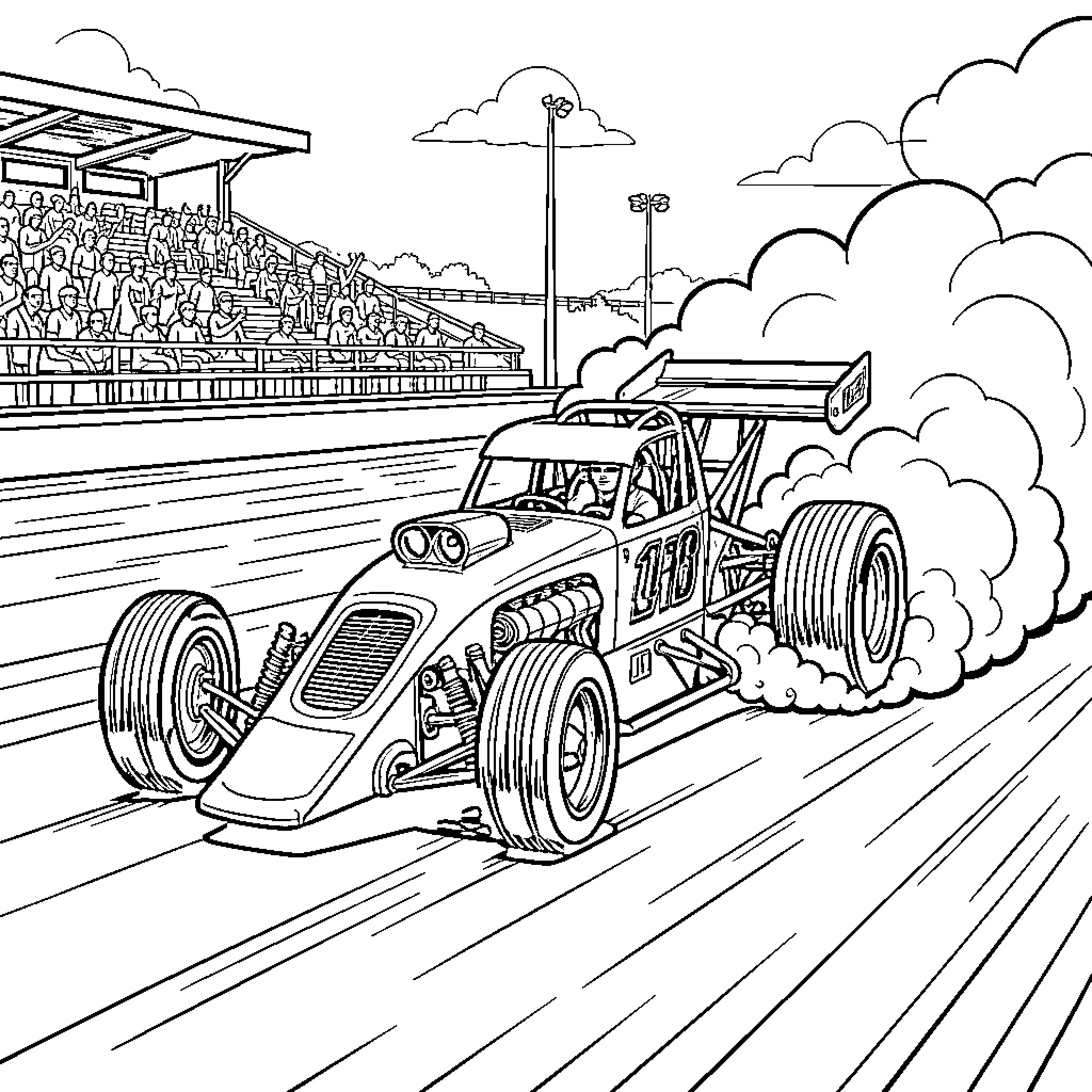 Dragster performing a burnout on a race track Coloring Page (free black-and-white line drawing printable PDF for all, from beginners to advanced learners, including children, teens, adults, and seniors)