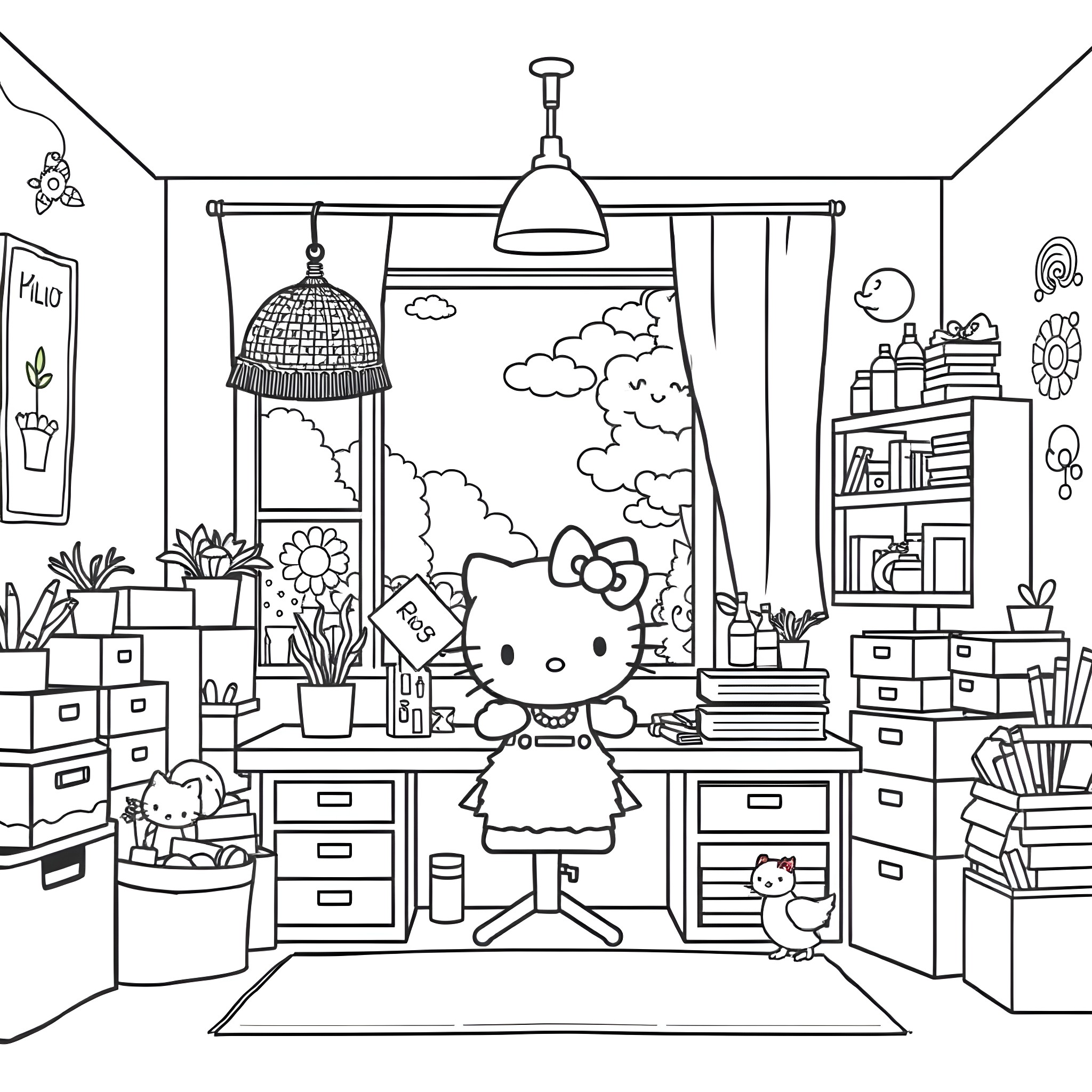 Hello Kitty working in a cozy office environment Coloring Page (free black-and-white line drawing printable PDF for all, from beginners to advanced learners, including children, teens, adults, and seniors)
