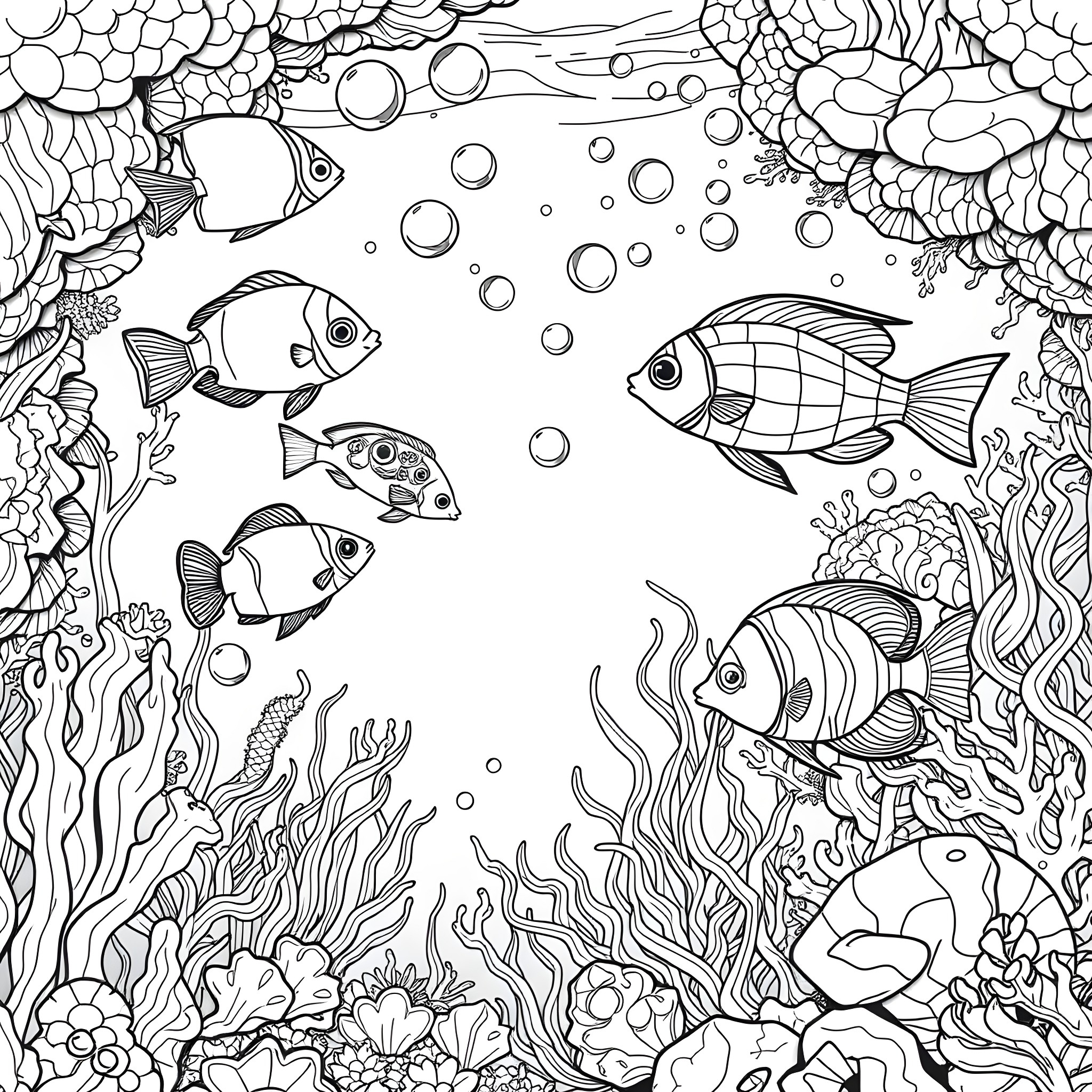 Fish swimming through a vibrant underwater scene Coloring Page (free black-and-white line drawing printable PDF for all, from beginners to advanced learners, including children, teens, adults, and seniors)