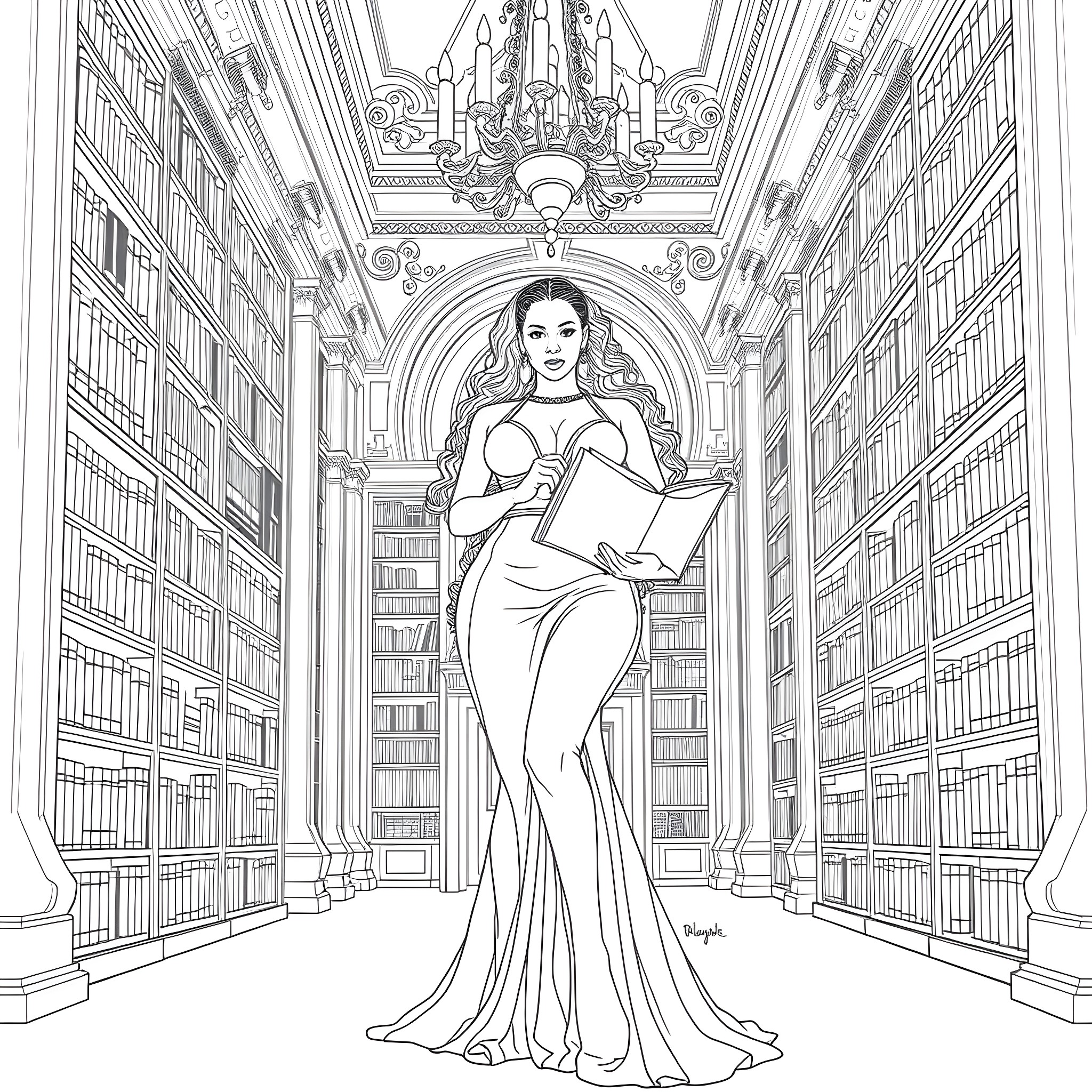 Beyonce in a majestic library setting Coloring Page (free black-and-white line drawing printable PDF for all, from beginners to advanced learners, including children, teens, adults, and seniors)