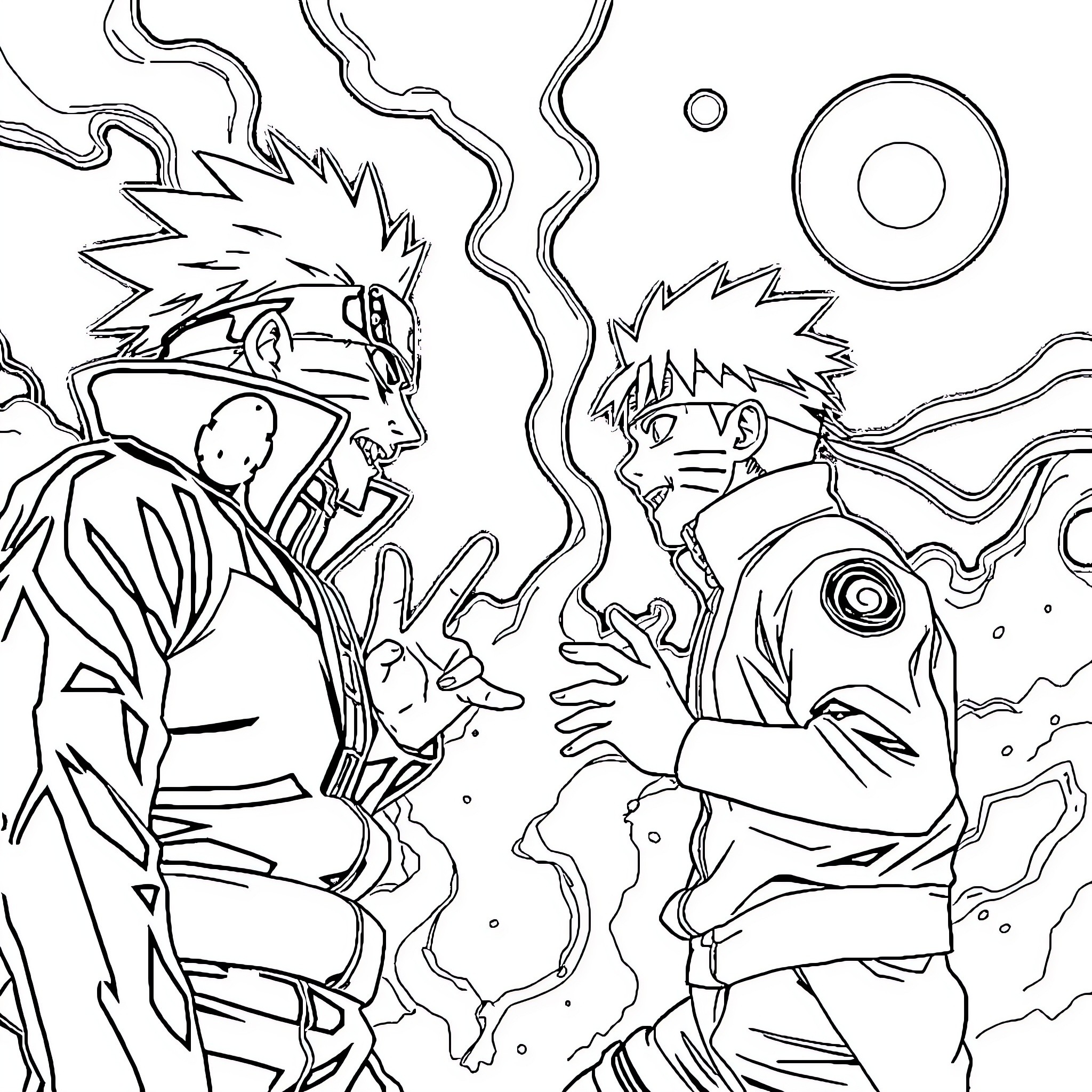 Naruto characters in fierce battle scene Coloring Page (free black-and-white line drawing printable PDF for all, from beginners to advanced learners, including children, teens, adults, and seniors)