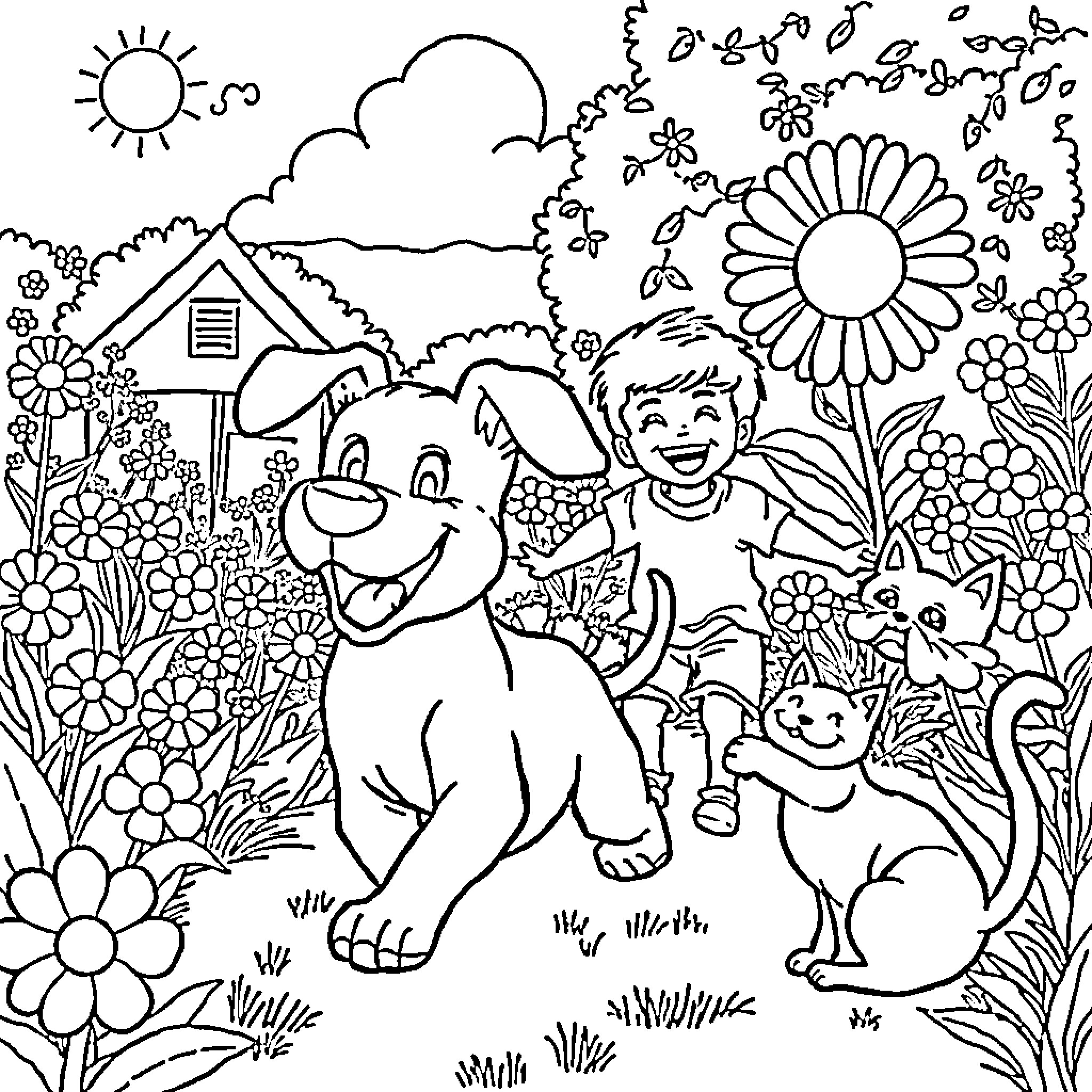 Dog and child playing in a flowery garden Coloring Page (free black-and-white line drawing printable PDF for all, from beginners to advanced learners, including children, teens, adults, and seniors)