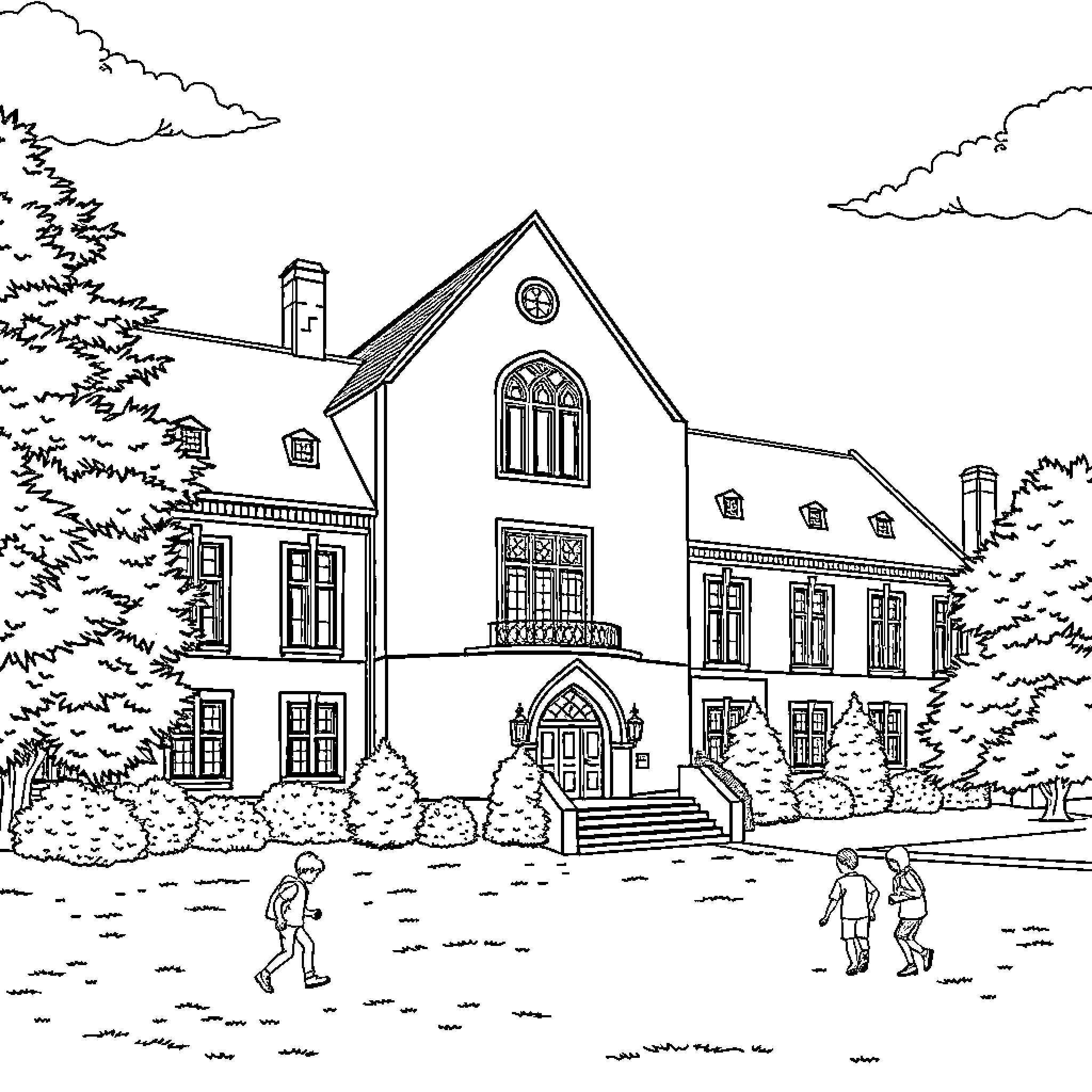 School Building with Students Walking Outdoors Coloring Page (free black-and-white line drawing printable PDF for all, from beginners to advanced learners, including children, teens, adults, and seniors)