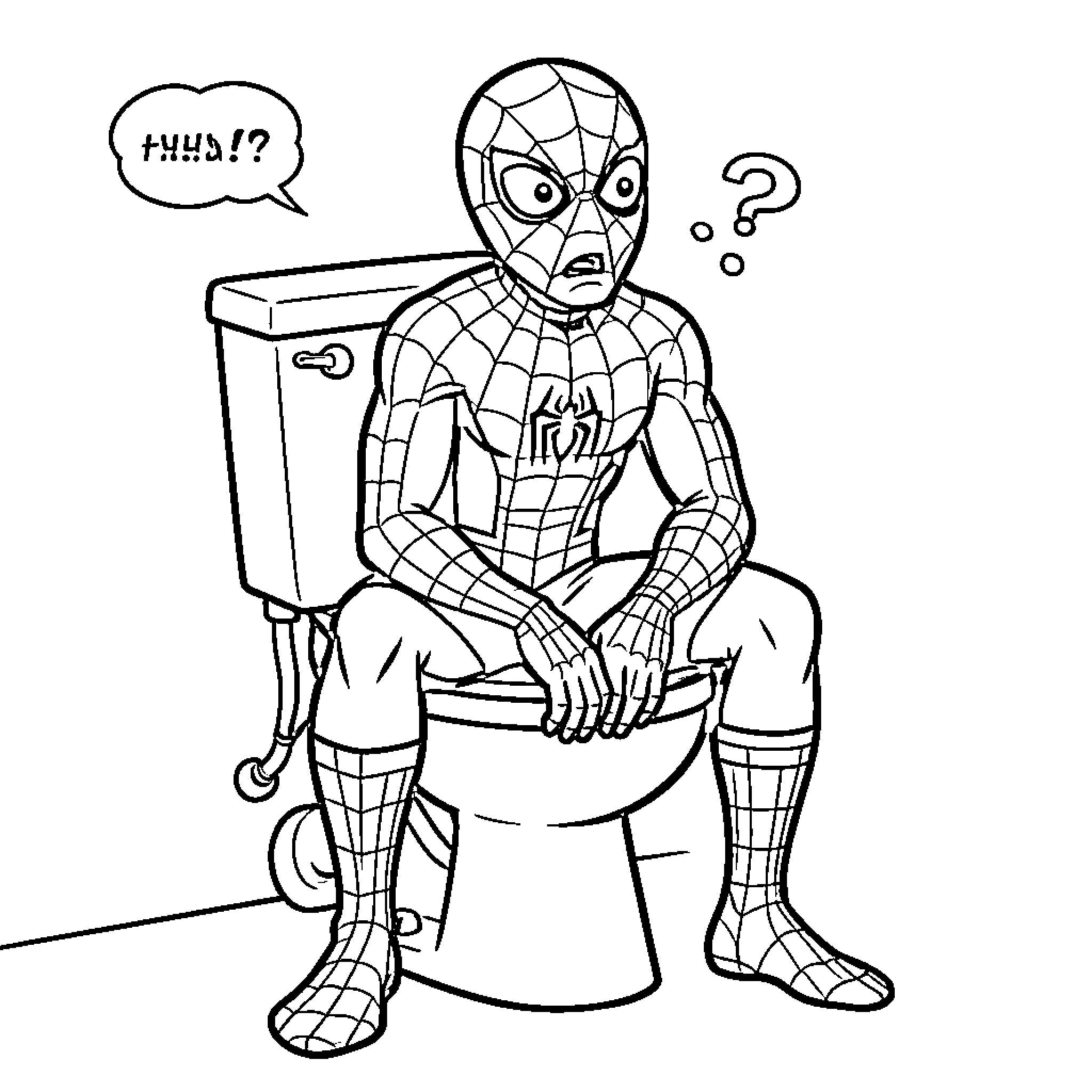 Spiderman looking confused while sitting on a toilet Coloring Page (free black-and-white line drawing printable PDF for all, from beginners to advanced learners, including children, teens, adults, and seniors)