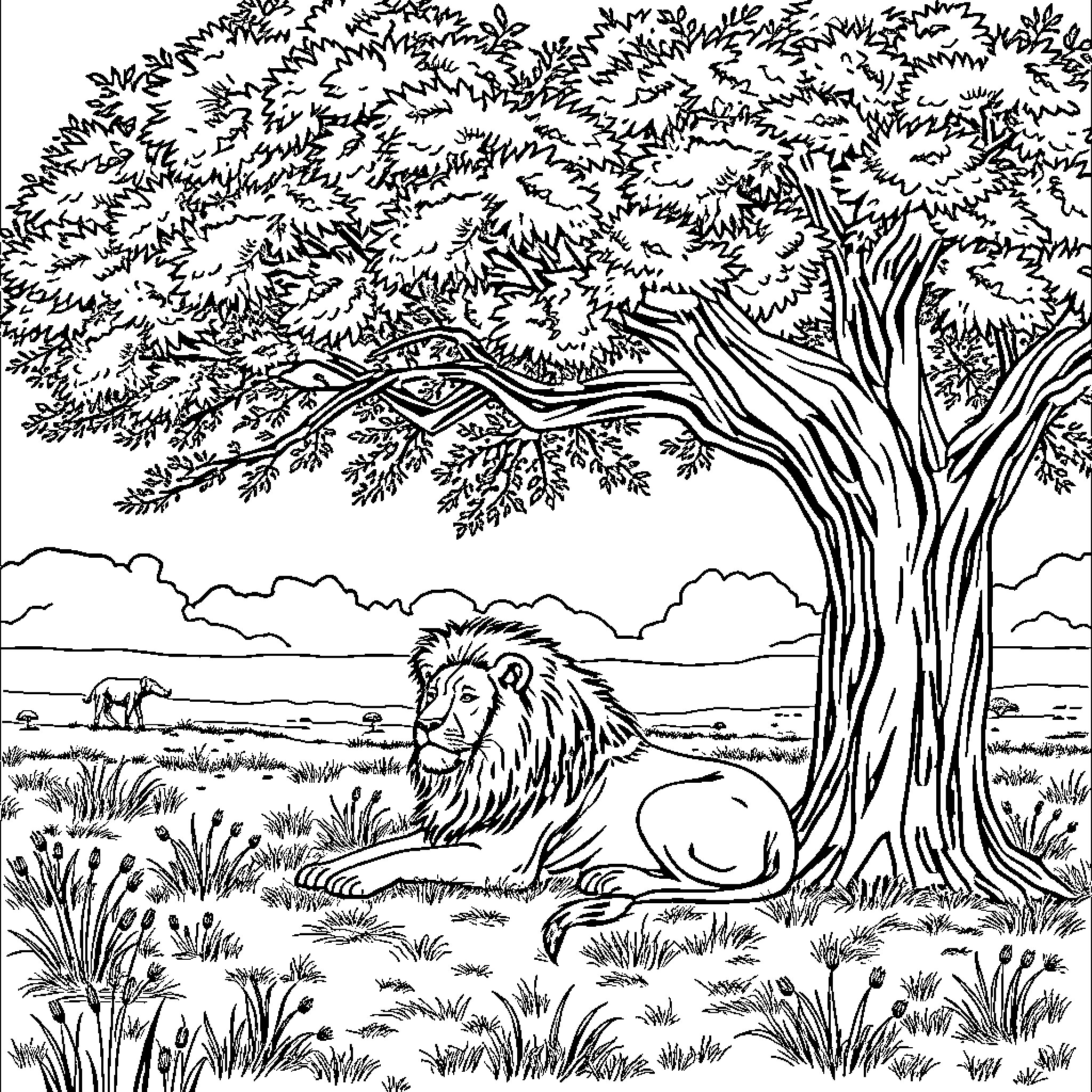 Lion resting peacefully under the tree Coloring Page (free black-and-white line drawing printable PDF for all, from beginners to advanced learners, including children, teens, adults, and seniors)