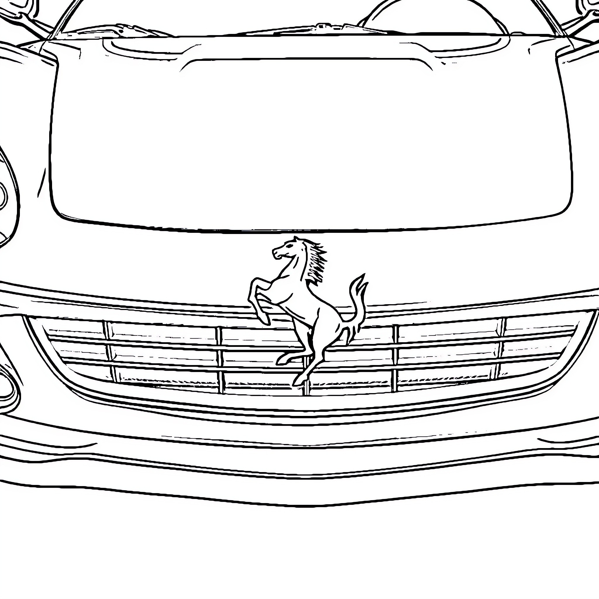 Ferrari sports car with iconic prancing horse emblem Coloring Page (free black-and-white line drawing printable PDF for all, from beginners to advanced learners, including children, teens, adults, and seniors)