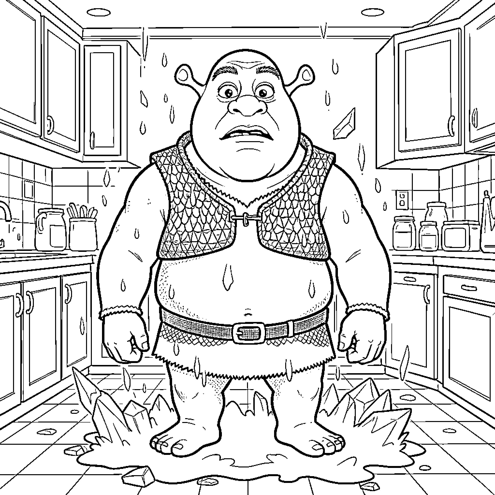 Shrek standing with a surprised expression in a kitchen Coloring Page (free black-and-white line drawing printable PDF for all, from beginners to advanced learners, including children, teens, adults, and seniors)
