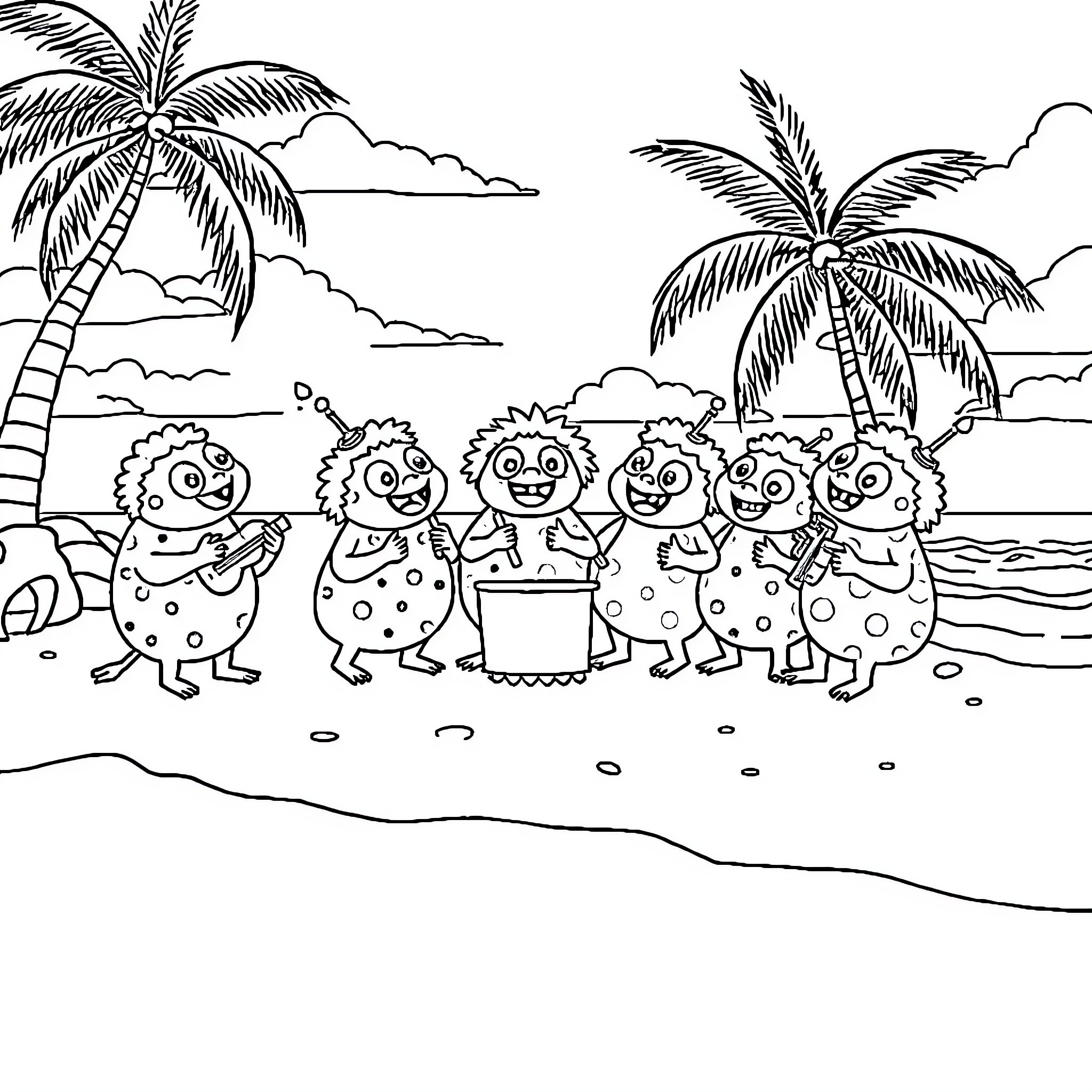 Labubu's Island Adventure with Colorful Characters Coloring Page (free black-and-white line drawing printable PDF for all, from beginners to advanced learners, including children, teens, adults, and seniors)