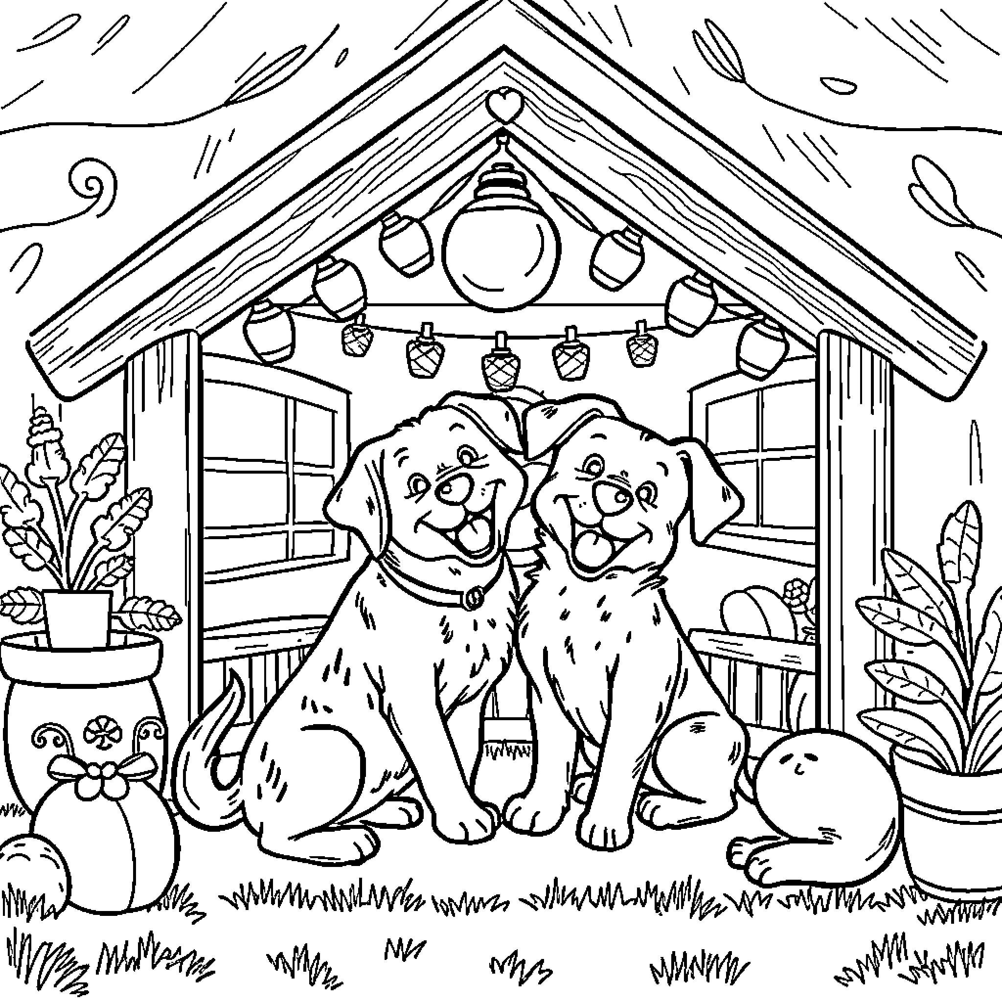 Dog friends relaxing in cozy cabin Coloring Page (free black-and-white line drawing printable PDF for all, from beginners to advanced learners, including children, teens, adults, and seniors)