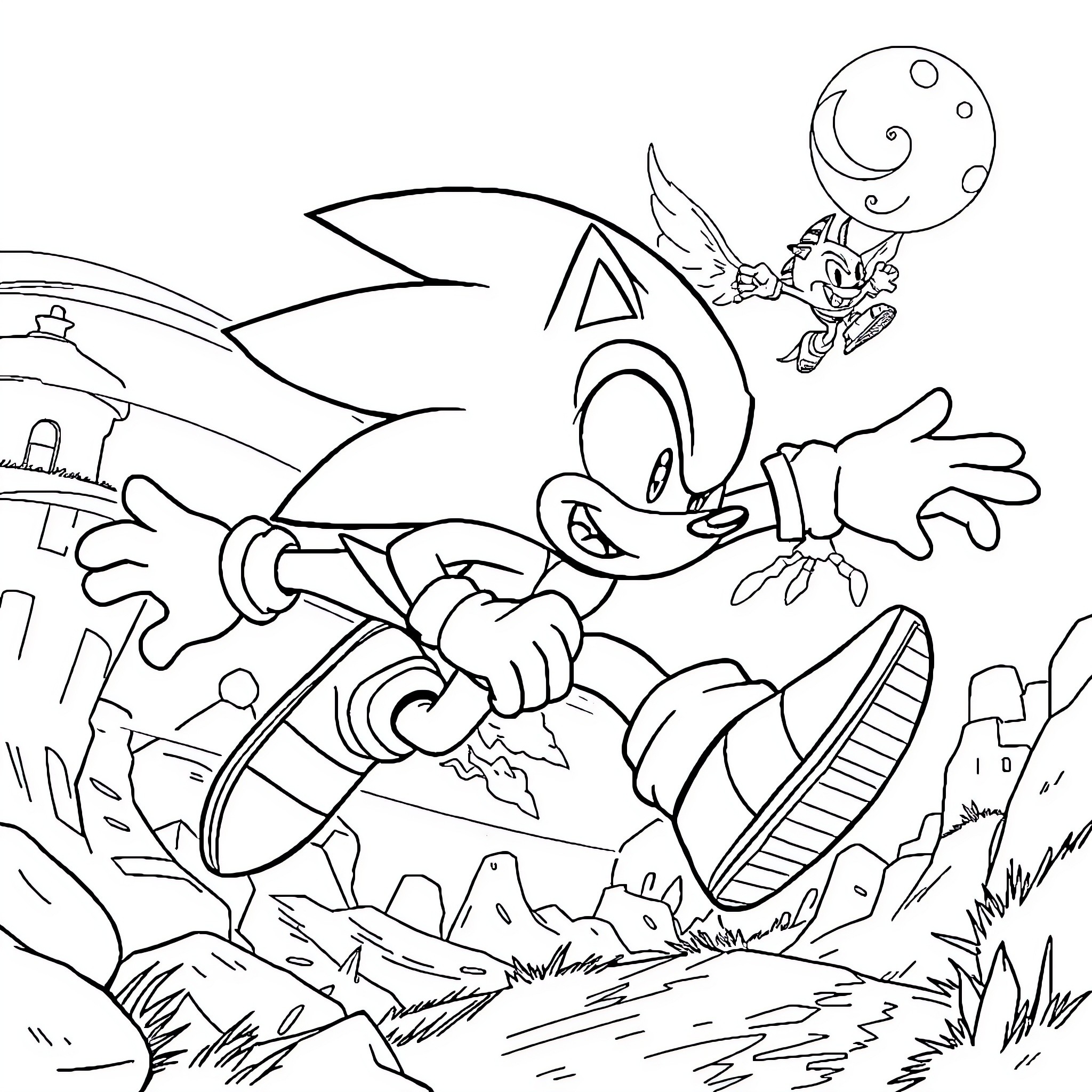 Sonic's Exhilarating Adventure in the Countryside Coloring Page (free black-and-white line drawing printable PDF for all, from beginners to advanced learners, including children, teens, adults, and seniors)
