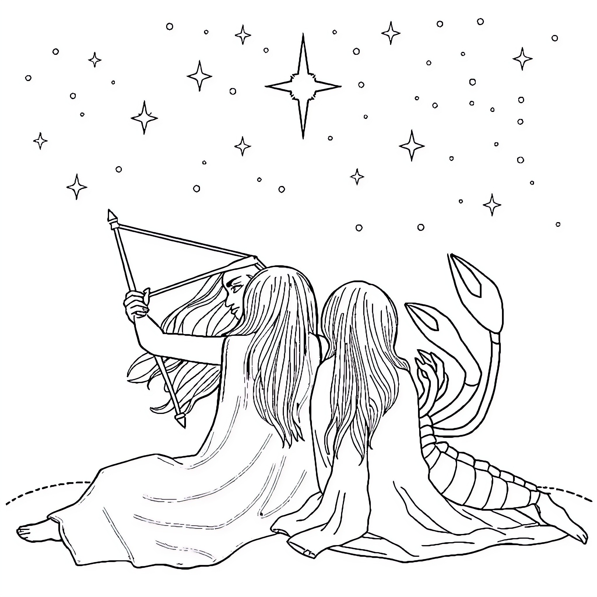 Sagittarius stargazers admiring the night sky Coloring Page (free black-and-white line drawing printable PDF for all, from beginners to advanced learners, including children, teens, adults, and seniors)
