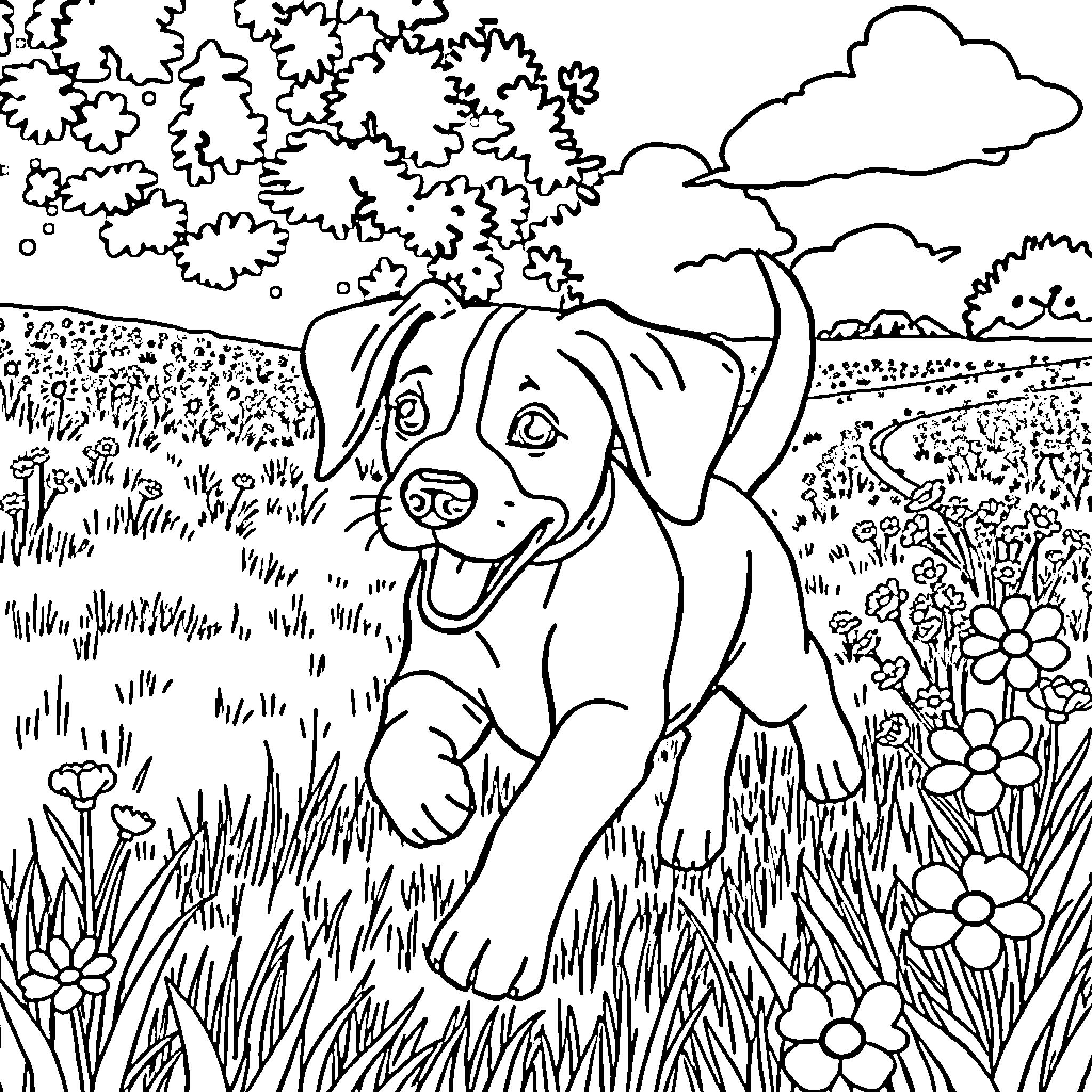 Puppy playing in a colorful garden Coloring Page (free black-and-white line drawing printable PDF for all, from beginners to advanced learners, including children, teens, adults, and seniors)