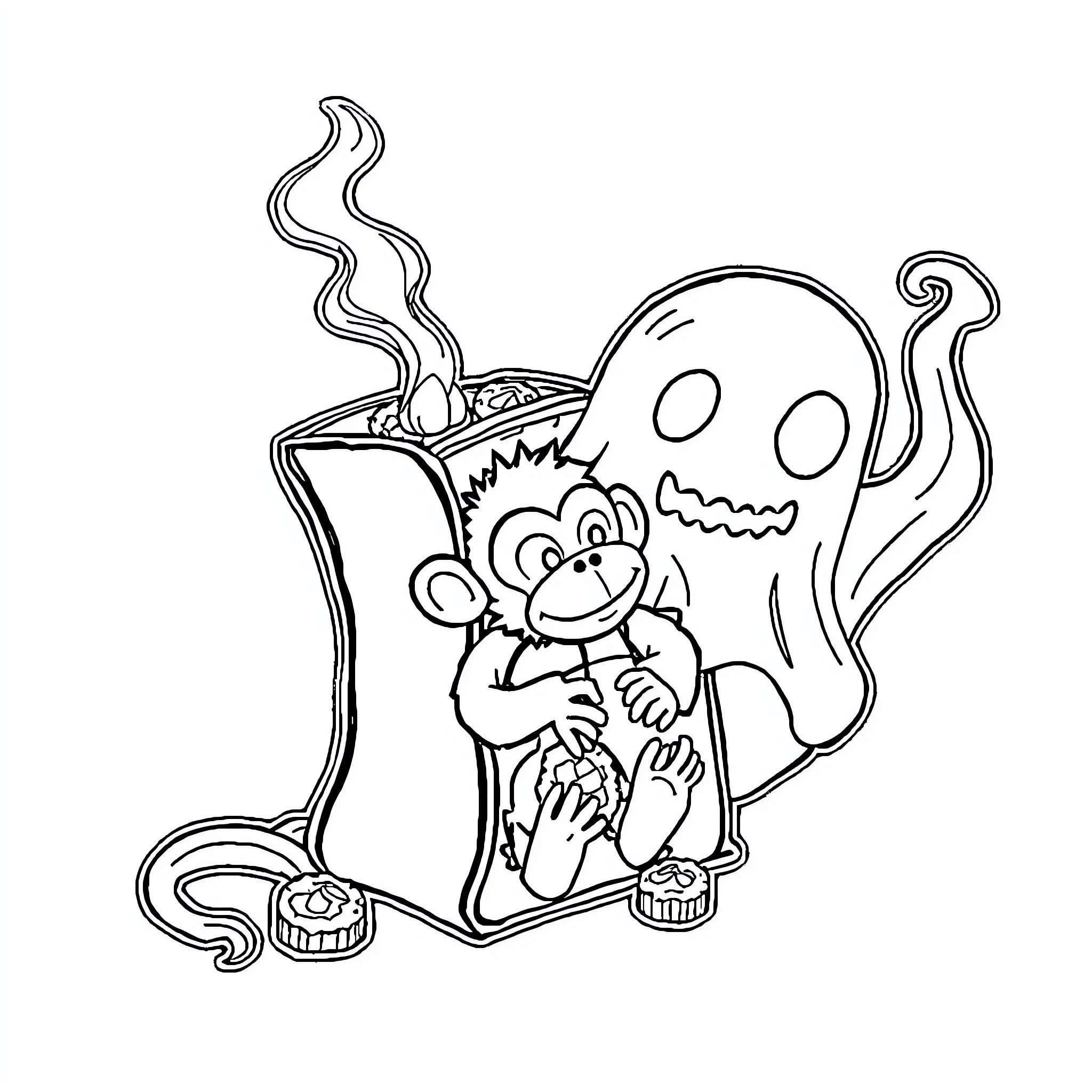 Book Bag with Mischievous Characters Coloring Page (free black-and-white line drawing printable PDF for all, from beginners to advanced learners, including children, teens, adults, and seniors)