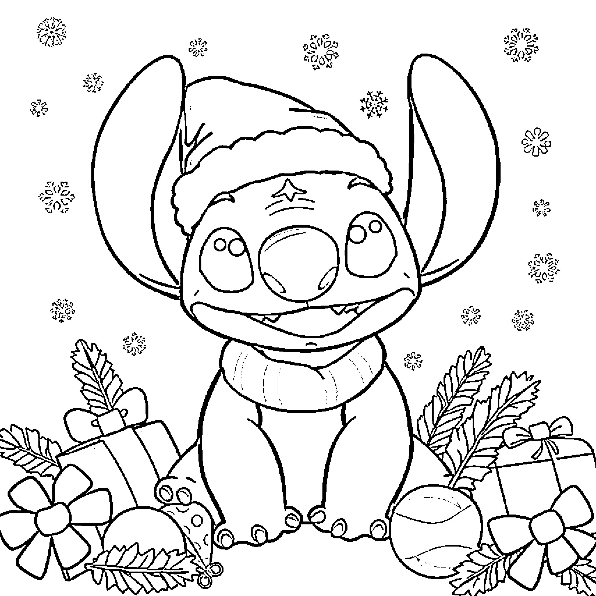 Christmas Stitch enjoying the holiday scenery Coloring Page (free black-and-white line drawing printable PDF for all, from beginners to advanced learners, including children, teens, adults, and seniors)