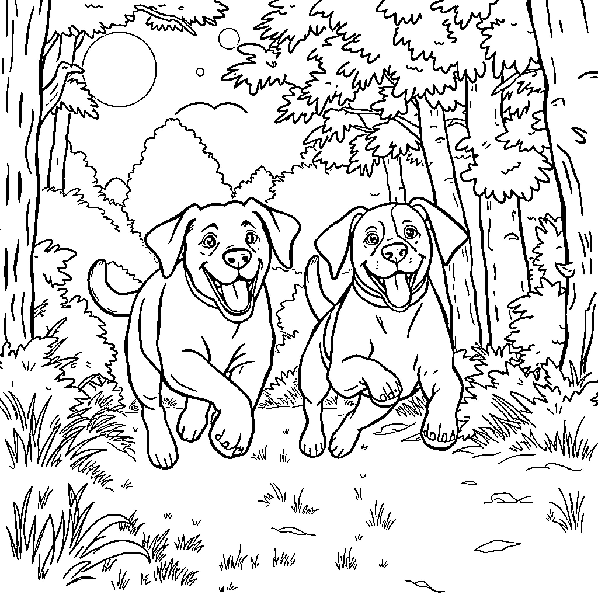 Dogs playing in a forest scene Coloring Page (free black-and-white line drawing printable PDF for all, from beginners to advanced learners, including children, teens, adults, and seniors)