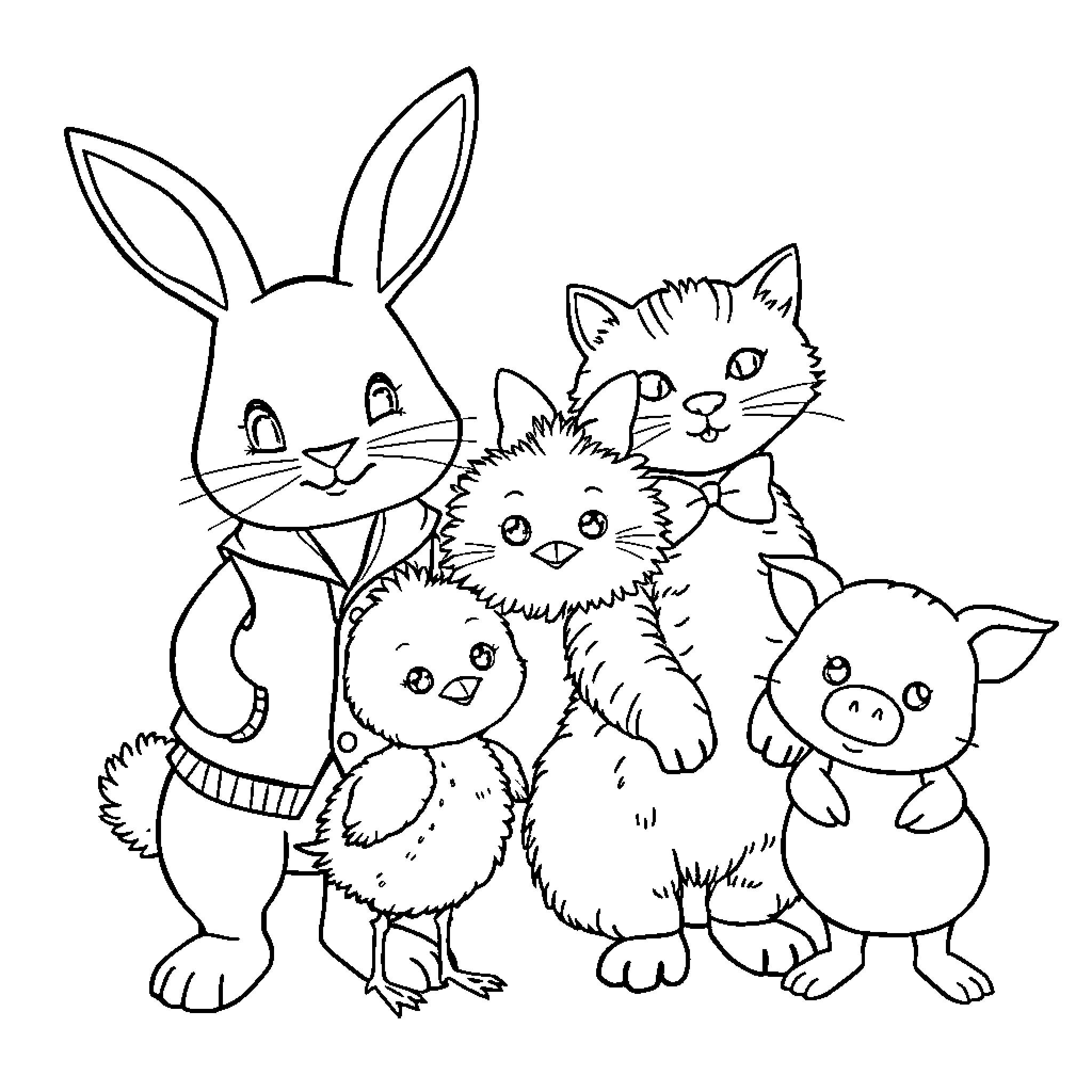 Animal friends in colorful scene Coloring Page (free black-and-white line drawing printable PDF for all, from beginners to advanced learners, including children, teens, adults, and seniors)