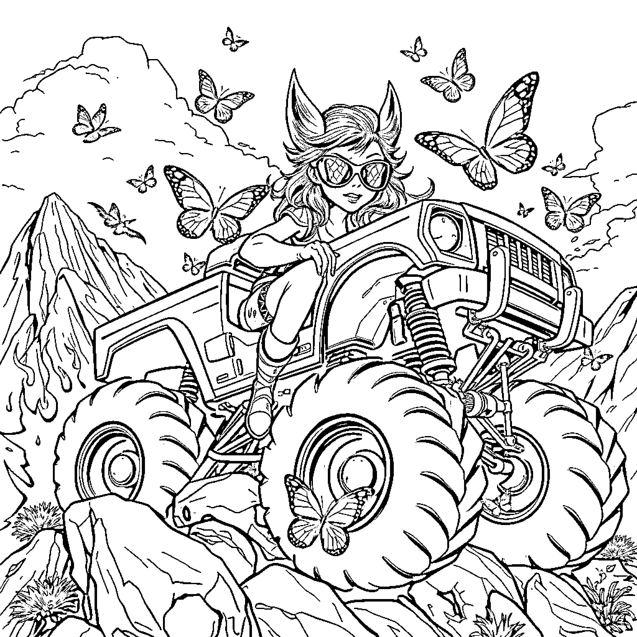 Wolverine's Extreme Off-Road Adventure with Butterflies Coloring Page (free black-and-white line drawing printable PDF for all, from beginners to advanced learners, including children, teens, adults, and seniors)
