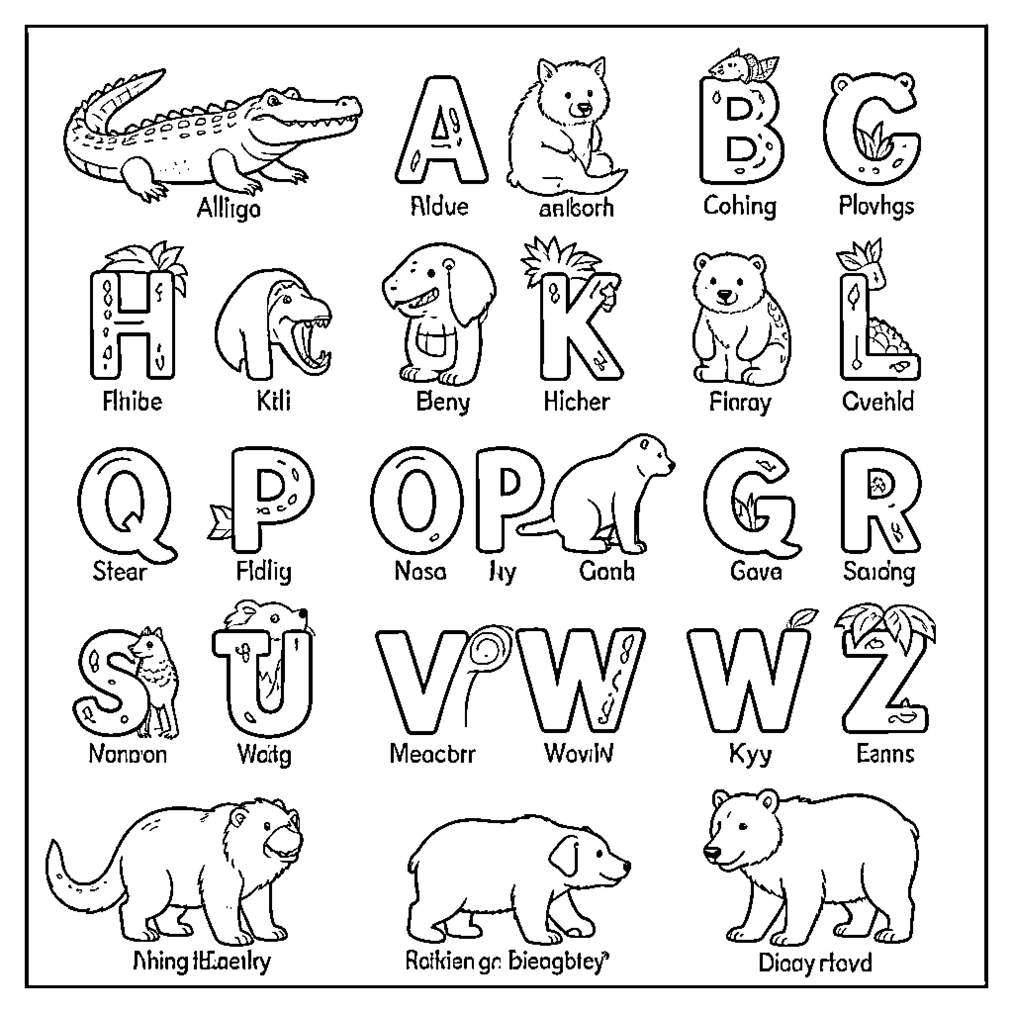 Animal Alphabet: Creatures in Playful Poses Coloring Page (free black-and-white line drawing printable PDF for all, from beginners to advanced learners, including children, teens, adults, and seniors)