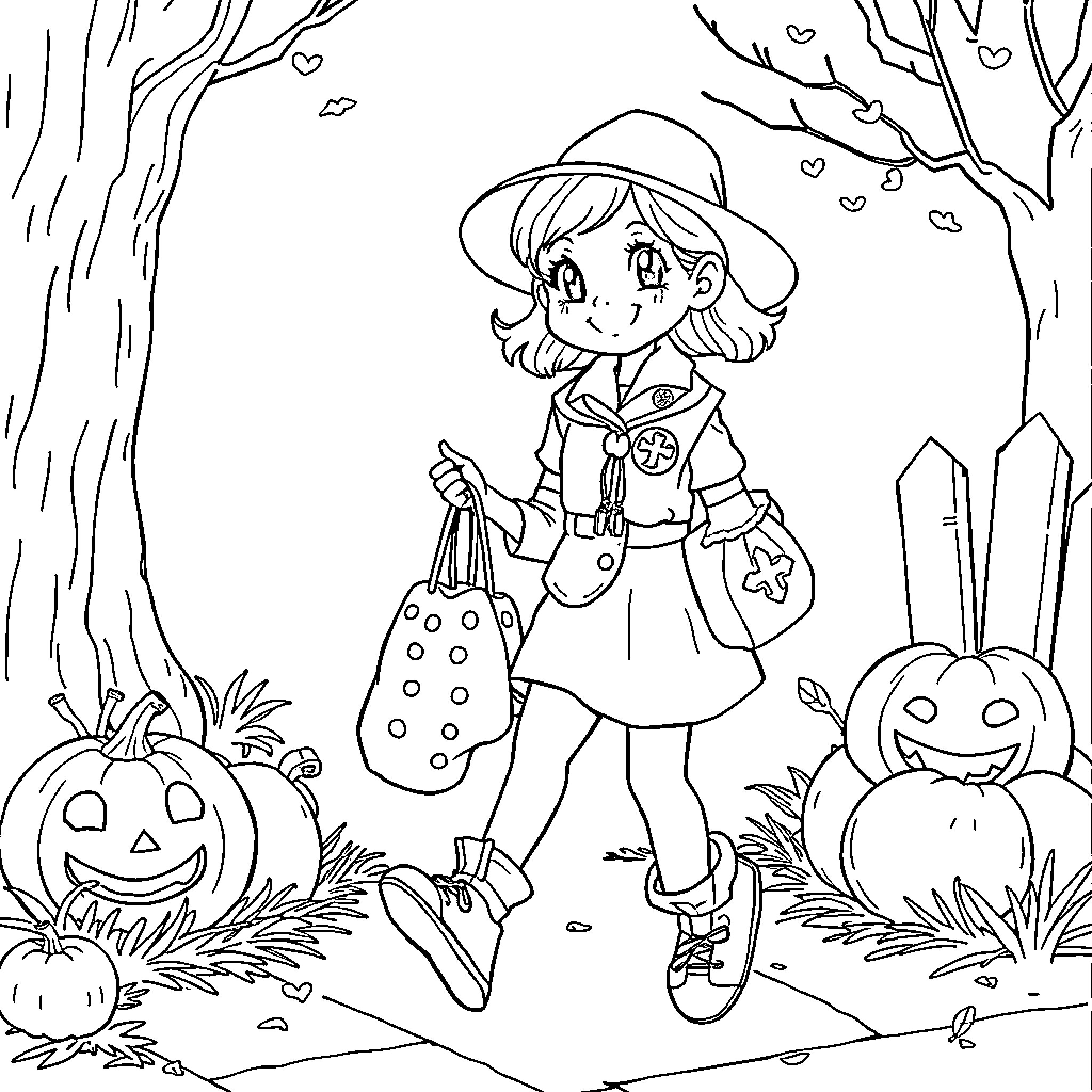 Girl Scout exploring a forest with pumpkins Coloring Page (free black-and-white line drawing printable PDF for all, from beginners to advanced learners, including children, teens, adults, and seniors)