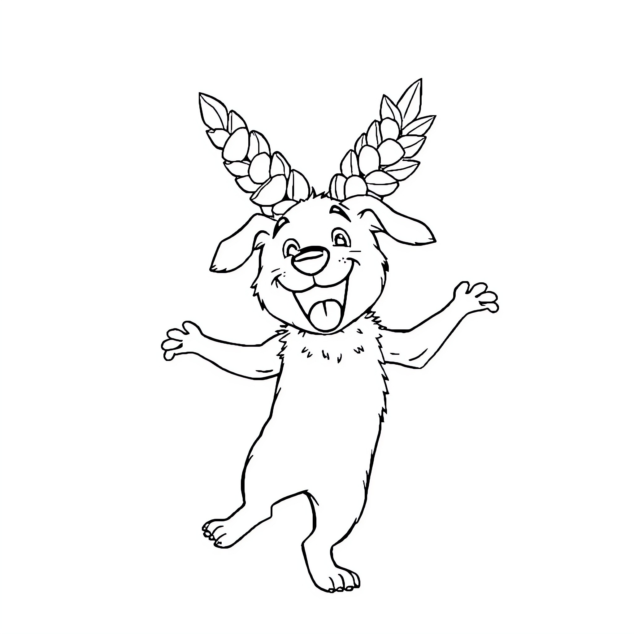 Dog with Antlers Cheerfully Jumping Coloring Page (free black-and-white line drawing printable PDF for all, from beginners to advanced learners, including children, teens, adults, and seniors)