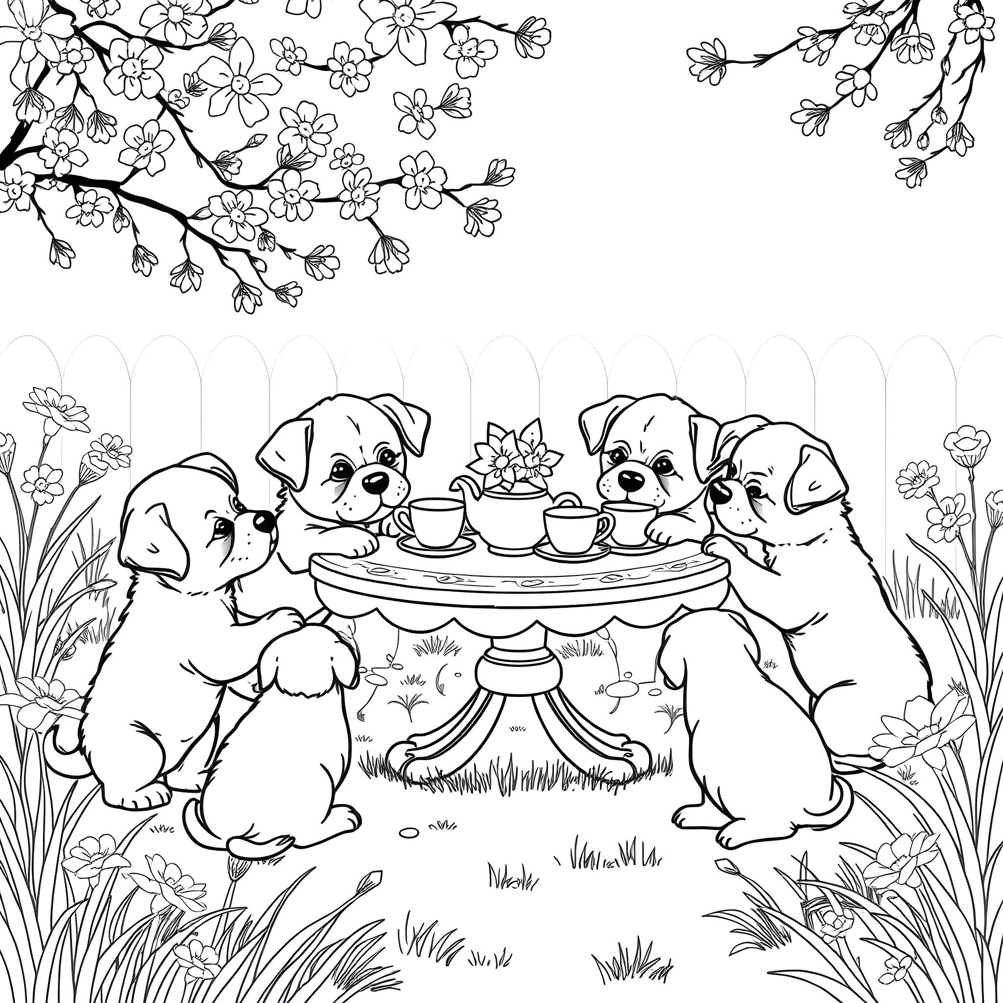 Puppies having a tea party in the garden Coloring Page (free black-and-white line drawing printable PDF for all, from beginners to advanced learners, including children, teens, adults, and seniors)