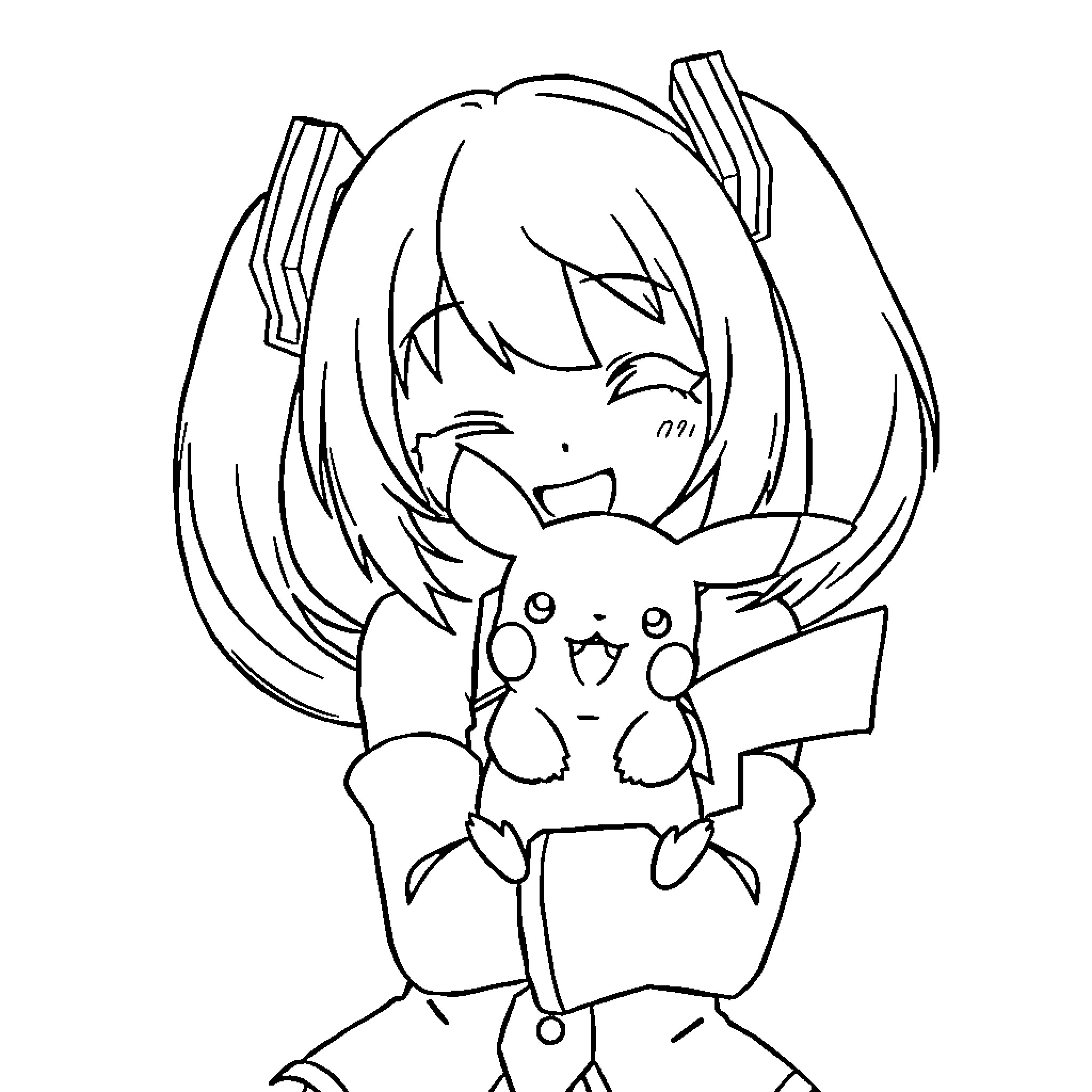 Hatsune Miku happily embracing Pikachu Coloring Page (free black-and-white line drawing printable PDF for all, from beginners to advanced learners, including children, teens, adults, and seniors)
