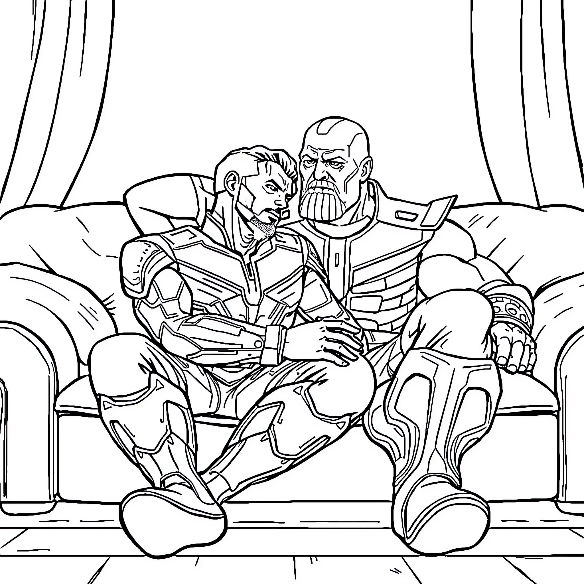 Thony Stark and Thanos facing off Coloring Page (free black-and-white line drawing printable PDF for all, from beginners to advanced learners, including children, teens, adults, and seniors)