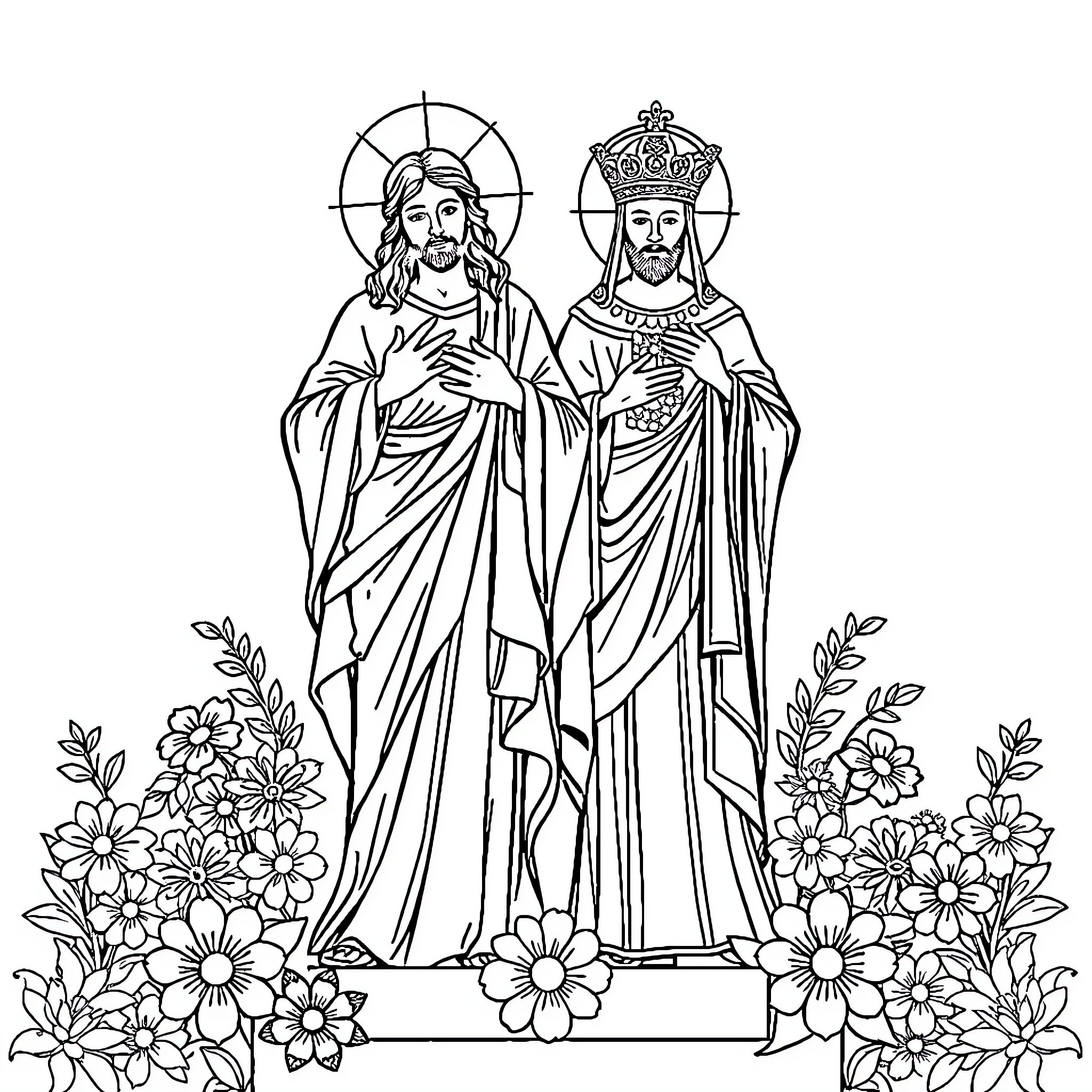 Jesús Nazareno standing with a crowned figure in religious robes Coloring Page (free black-and-white line drawing printable PDF for all, from beginners to advanced learners, including children, teens, adults, and seniors)