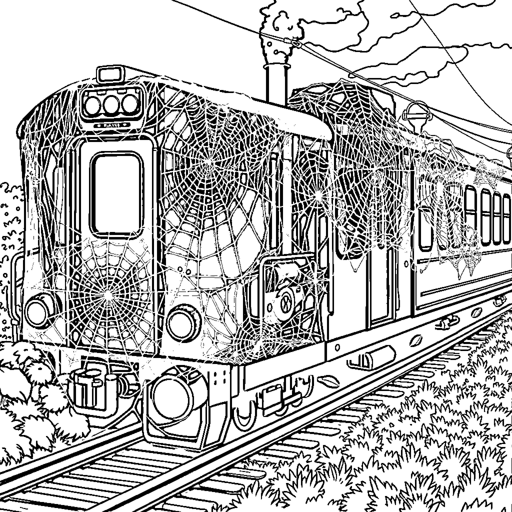 Spider Web Covered Train on Railroad Tracks Coloring Page (free black-and-white line drawing printable PDF for all, from beginners to advanced learners, including children, teens, adults, and seniors)